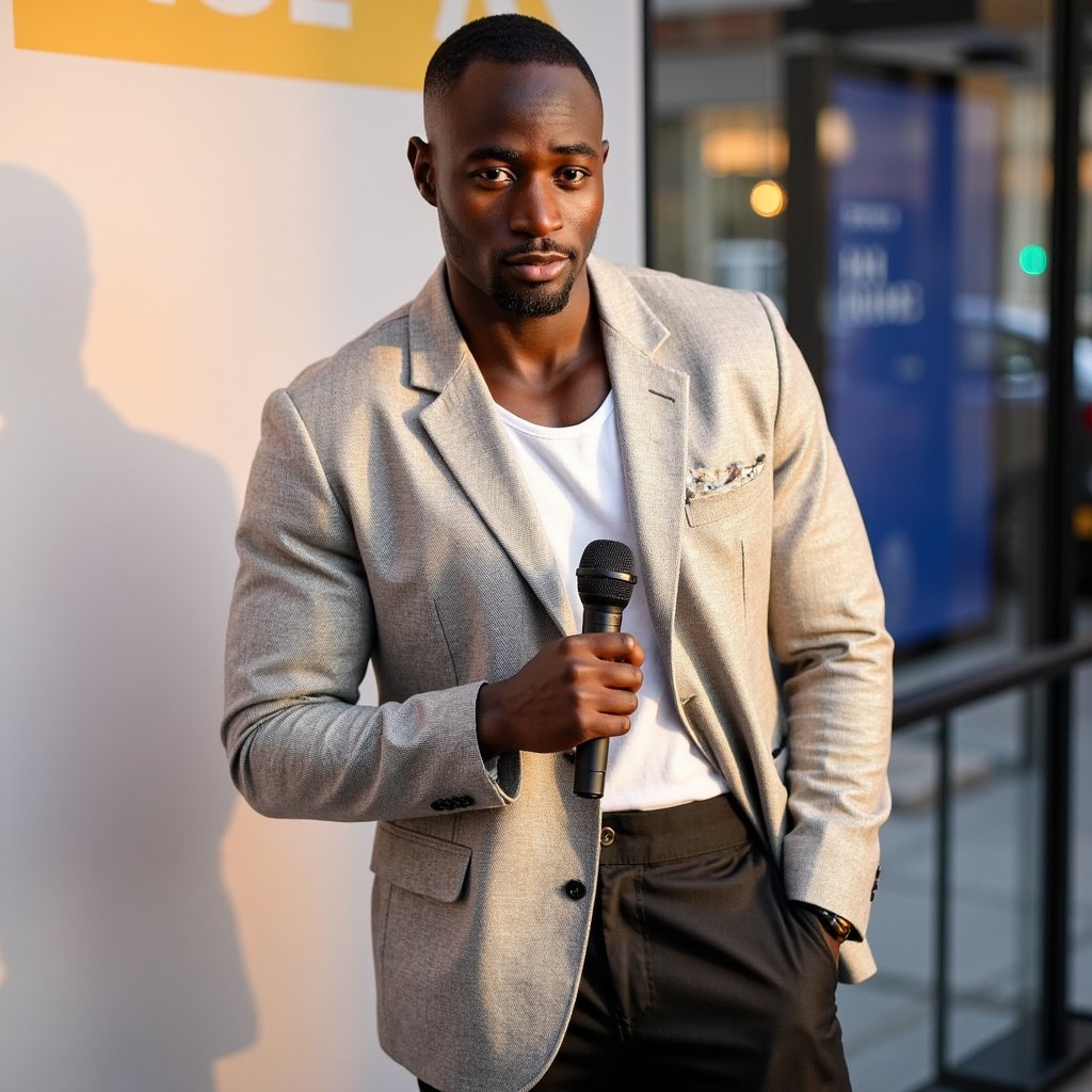 Highly detailed, highly realistic, HDR, 8k culture critic street-style segment; camera: 35mm, f/2.8, standing three-quarter; lighting: golden hour natural light with negative fill; pose: one hand holding handheld mic, other gesturing mid-air; attire: tweed blazer with visible herringbone, black trousers, loafers; hair: tight curls, cropped sides; facial detail: warm highlights on cheekbones; background: urban street with soft pedestrians blur, clean frame, minimal clutter.