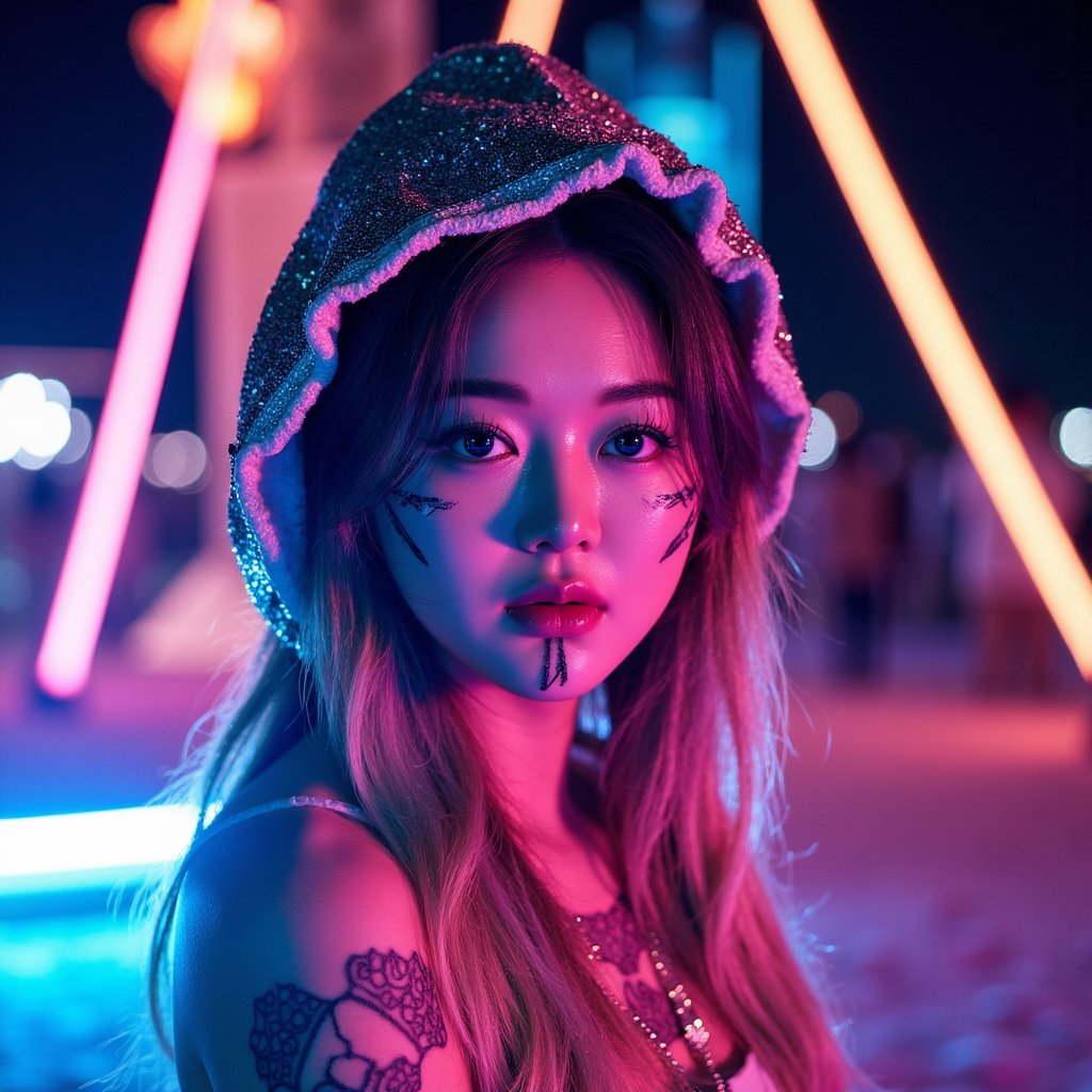 Headshot of a serene woman bathed in neon light, wearing a metallic hood and tribal markings, desert night ambiance, captured at Burning Man 2025