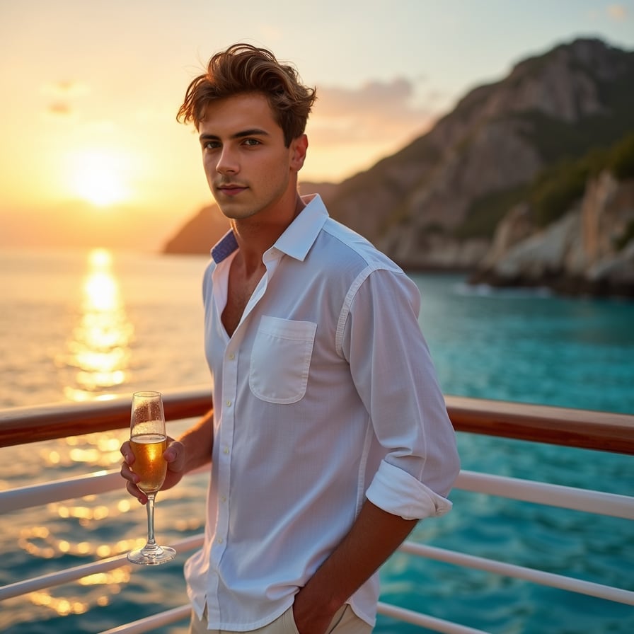 Fitness on Deck: The model is in activewear, engaged in a workout session on the ship’s sports deck or fitness center. he’s performing an exercise or stretching with the ocean in the background, showcasing a blend of fitness and luxury.