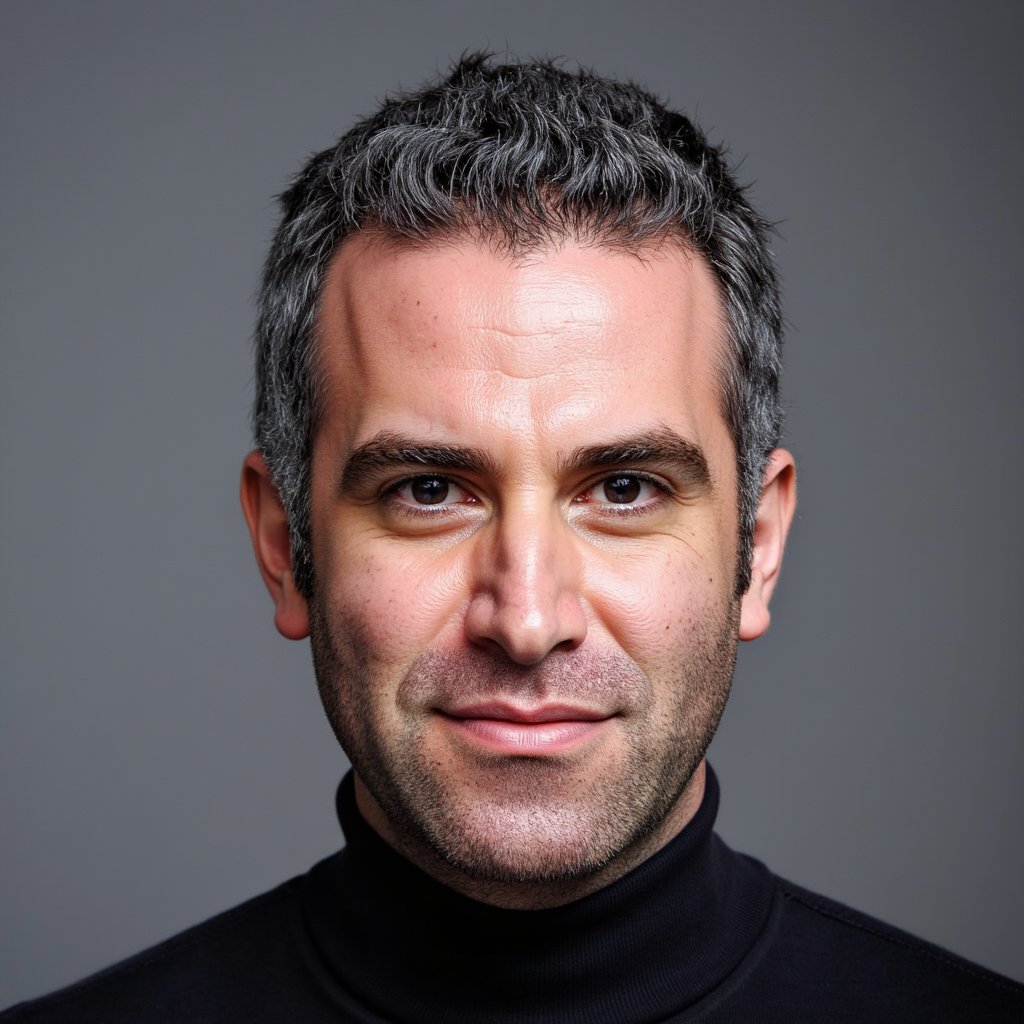 Front-facing close-up of a man wearing a black turtleneck. Clean-shaven, sharp jawline, subtle forehead lines visible. Background: solid muted grey. Even studio lighting creates balanced highlights across cheekbones and nose bridge. Hair texture and skin pores rendered naturally.