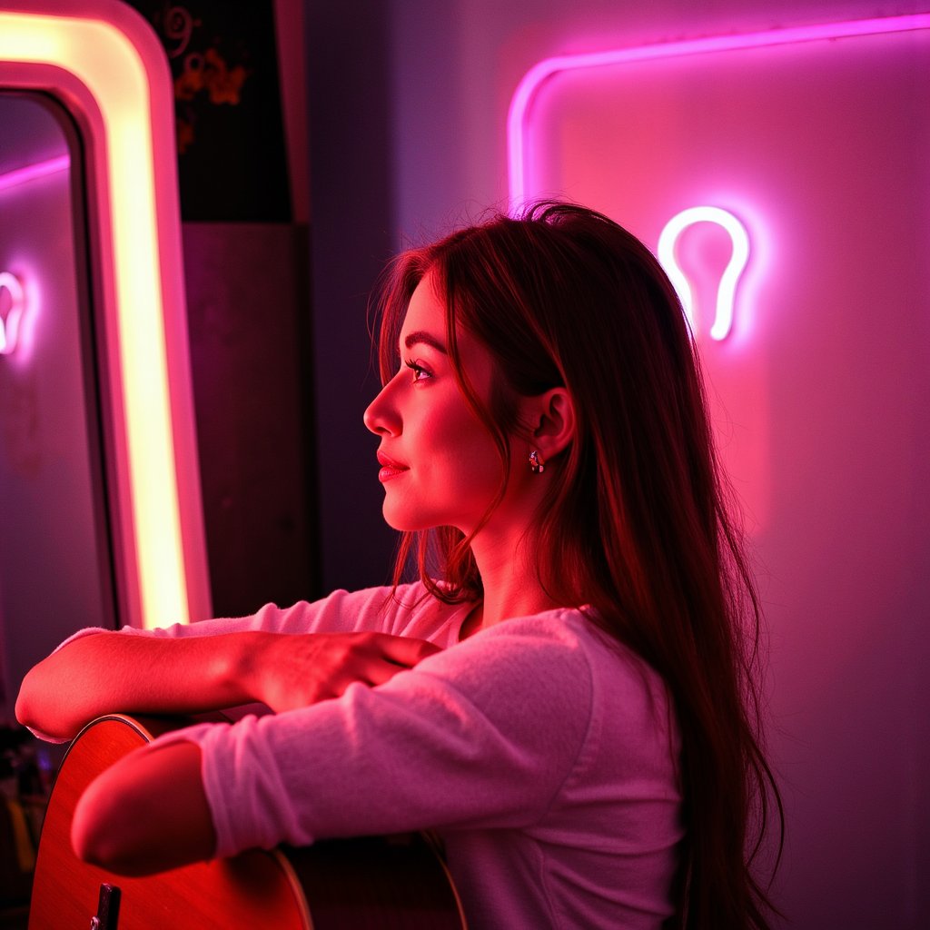 Side-profile headshot of a thoughtful musician with a guitar resting on shoulder, soft overhead spotlight, introspective vibe like a quiet rehearsal before going on stage