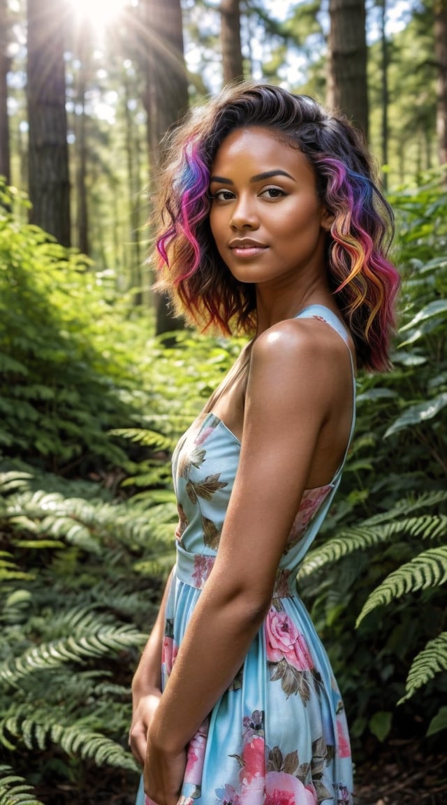 Energetic tropical adventurer, rainforest backdrop, lush greenery, and waterfalls.