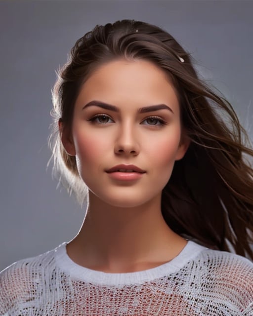 Woman in evening gown, dramatic lighting, sunset cityscape backdrop.