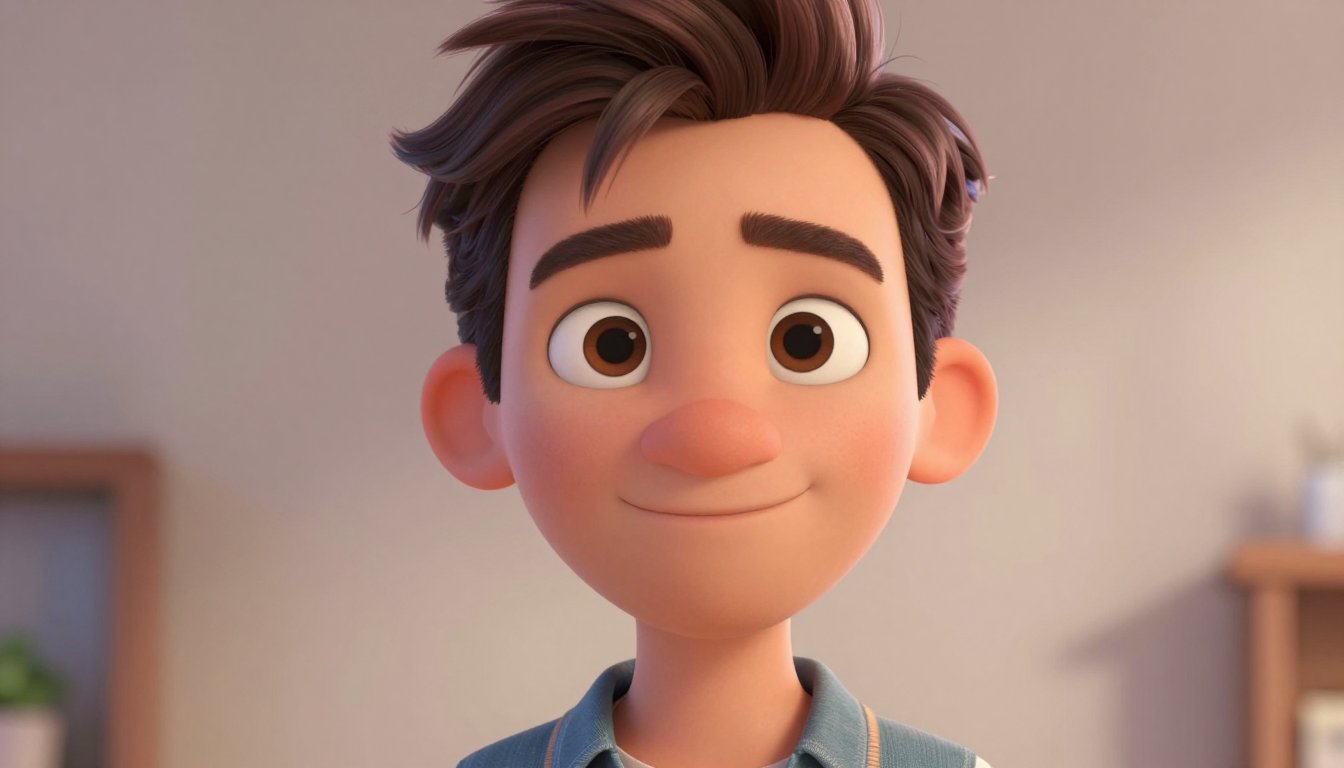 A charming Pixar-style 3D animated portrait of a man with a friendly, confident expression, their unique facial identity subtly stylized yet recognizable. The head-and-shoulders composition features expressive eyes, smooth, clean skin, and impeccably proportioned features. Vibrant yet tasteful colors bring the character to life, illuminated by soft studio lighting that creates crisp detail and a gentle glow. A shallow depth of field elegantly blurs a simple, uncluttered background, ensuring the focus remains on the high-quality cinematic character art.