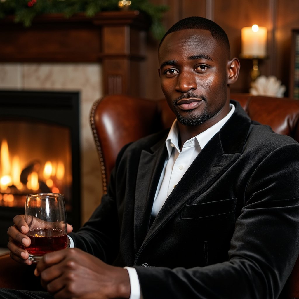 Man seated in a leather armchair holding a crystal glass of cognac, face turned toward a faint light source. Hairstyle: short, side-swept with soft sheen; neatly trimmed beard. Attire: charcoal velvet dinner jacket, crisp white shirt, no tie. Fabric details: velvet reflection on lapel edges, fine cotton weave on shirt. Camera: close portrait, 105mm, f/2.0 for cinematic intimacy. Lighting: single warm lamp key, soft shadow falloff; golden tones on skin. Background: blurred mahogany panels, faint fireplace glow, subtle garland reflection. Pose: relaxed yet composed, faint half-smile.
Render: highly detailed, highly realistic, HDR; reflections in glass, skin warmth from light, fine texture detail.
