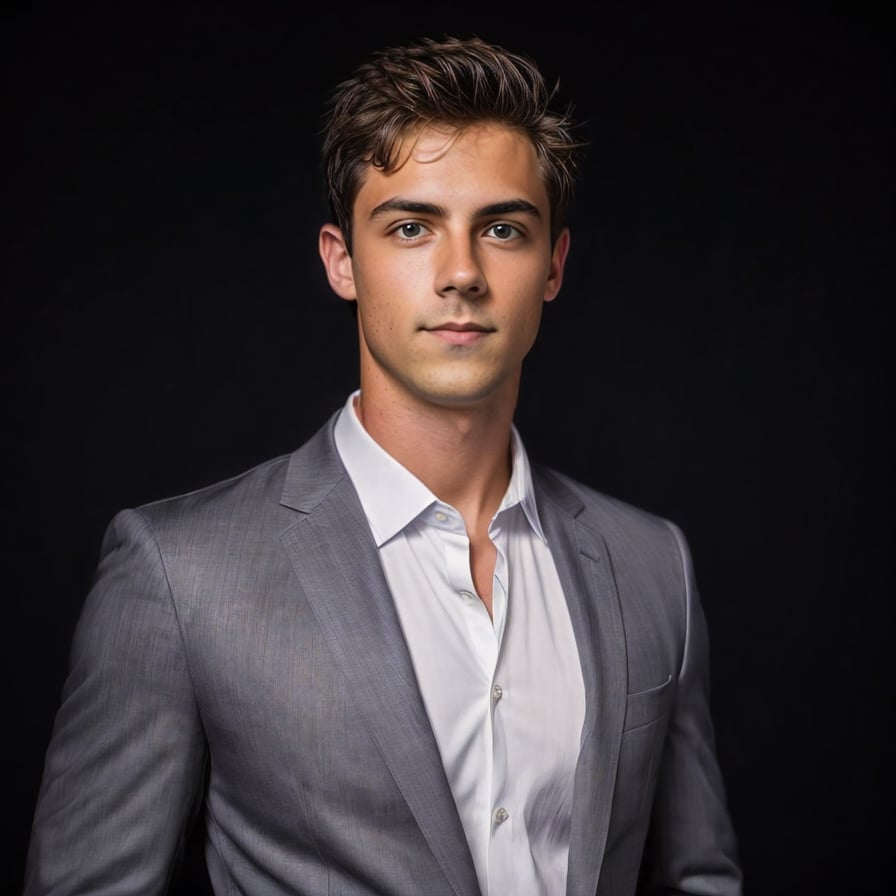 Confident man in suit, city backdrop, professional, bokeh.