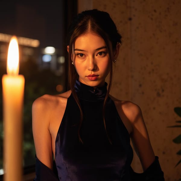 A cinematic period-style portrait of a woman (early 30s) indoors at night, tight head-and-neck close-up, camera slightly below eye level, creating subtle gravitas. Hair: center-parted, softly waved hair, pinned back loosely, natural flyaways visible. Face: realistic skin with fine lines around eyes, gentle shine on forehead, flushed cheeks, expressive eyes gazing slightly off-camera. Wardrobe: deep navy velvet dress with visible pile texture, soft folds catching light, high neckline; no jewelry except tiny pearl studs. Lighting: single candle key light placed low and to camera-left, creating dramatic chiaroscuro shadows; very soft ambient bounce, background falls into near-black with only vague wall texture. Camera: 65mm lens, f/1.9, shallow focus on eyes, painterly falloff. Mood: intimate, timeless, cinematic realism. Highly detailed, highly realistic, HDR quality, cinematic low-light rendering, minimal clutter.