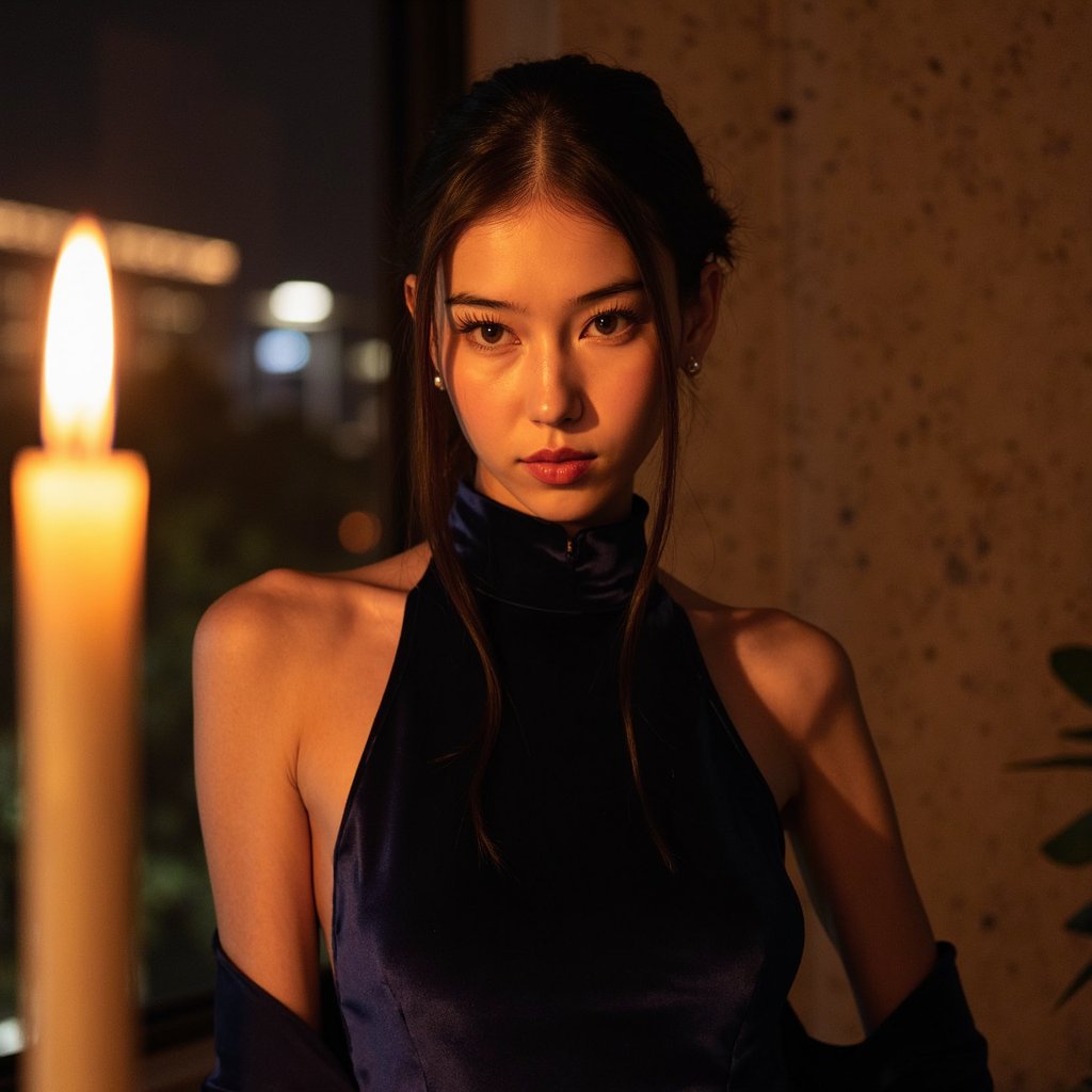 A cinematic period-style portrait of a woman (early 30s) indoors at night, tight head-and-neck close-up, camera slightly below eye level, creating subtle gravitas. Hair: center-parted, softly waved hair, pinned back loosely, natural flyaways visible. Face: realistic skin with fine lines around eyes, gentle shine on forehead, flushed cheeks, expressive eyes gazing slightly off-camera. Wardrobe: deep navy velvet dress with visible pile texture, soft folds catching light, high neckline; no jewelry except tiny pearl studs. Lighting: single candle key light placed low and to camera-left, creating dramatic chiaroscuro shadows; very soft ambient bounce, background falls into near-black with only vague wall texture. Camera: 65mm lens, f/1.9, shallow focus on eyes, painterly falloff. Mood: intimate, timeless, cinematic realism. Highly detailed, highly realistic, HDR quality, cinematic low-light rendering, minimal clutter.