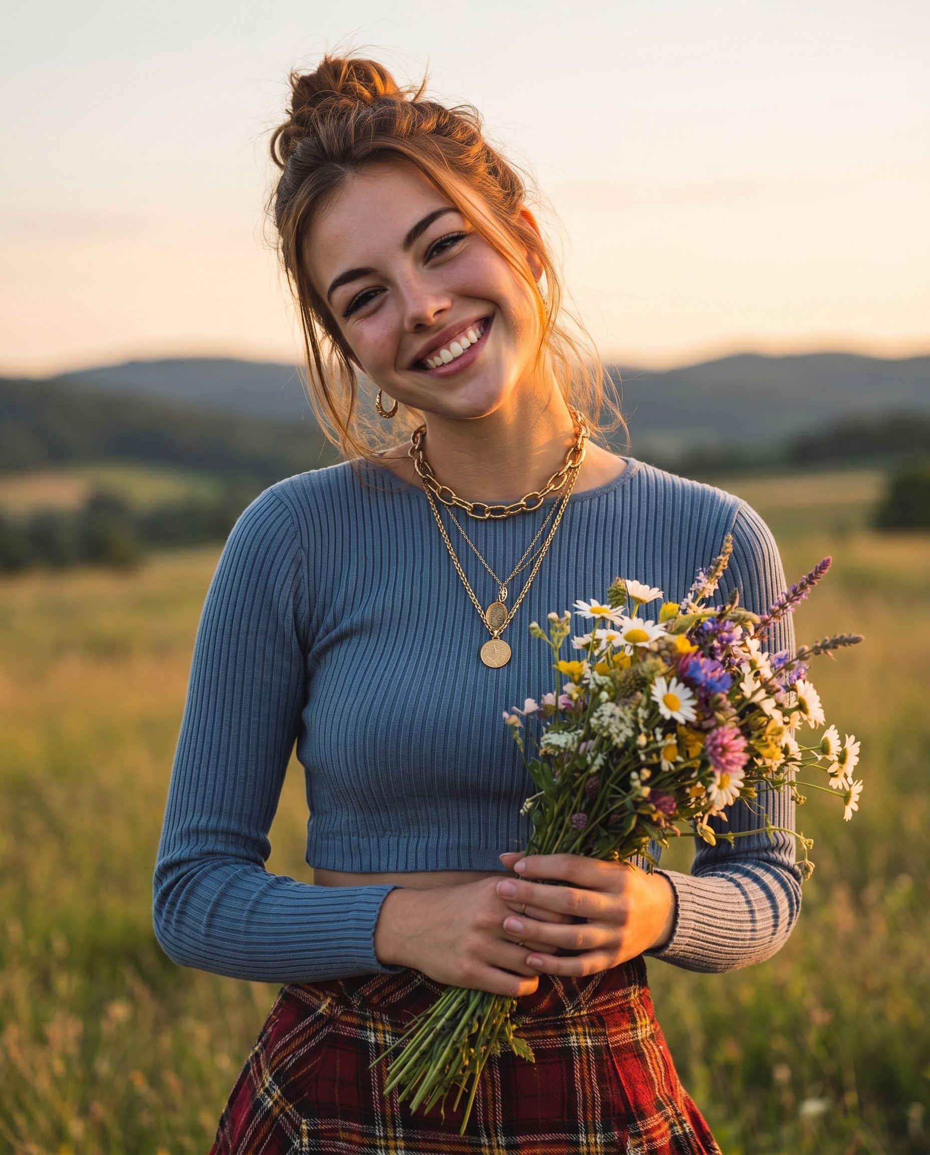 Ultra realistic cinematic sunset meadow portrait of [REFERENCE PERSON], preserve the exact facial identity, facial proportions, skin texture, eye details, lips, jawline, hairstyle, and overall likeness from the reference image with extremely high identity fidelity and natural realism.

Scene composition should remain nearly identical to the original image: a fashionable woman standing in an open grassy field during dreamy sunset twilight, dramatic pastel blue and pink cloud-filled sky in the background, soft evening atmosphere, cinematic outdoor fashion aesthetic.

Camera angle and framing: low-angle fashion photography shot looking slightly upward toward the subject, medium-full body composition, elegant posture with one knee slightly bent and head tilted upward toward the sky, confident graceful expression.

Subject interaction: holding a natural bouquet of wildflowers and tall grass stems gently in both hands.

Hair: long deep auburn/red hair with soft smooth texture and realistic shine, naturally flowing in soft evening light.

Outfit: elegant pastel aqua/light turquoise pleated sleeveless top with deep neckline and delicate front tie detail, paired with loose cream/white wide-leg pants, soft luxury summer fashion styling, realistic fabric folds and textures.

Lighting: soft cinematic sunset lighting with realistic skin highlights, subtle glow on shoulders and face, balanced natural HDR exposure, dreamy pastel sky tones, atmospheric depth.

Photography style: ultra photorealistic DSLR editorial portrait, 85mm lens, fashion magazine quality, shallow depth of field, cinematic color grading, highly detailed skin texture, realistic anatomy, luxury lifestyle photography, natural outdoor realism.

Important: replace ONLY the woman’s identity with the exact reference person while preserving the same sky colors, sunset environment, pose, bouquet styling, camera angle, outfit aesthetic, lighting mood, and overall composition from the original image.

Negative prompt: distorted anatomy, inaccurate face, identity mismatch, asymmetrical eyes, extra fingers, bad hands, blurry face, AI artifacts, plastic skin, CGI appearance, cartoon style, overprocessed image, unrealistic lighting, duplicate limbs, low quality, text, watermark, deformed body proportions.

Priority settings:

Identity accuracy: maximum
Background consistency: maximum
Photorealism: maximum
Sunset lighting realism: maximum
Facial similarity strength: very high