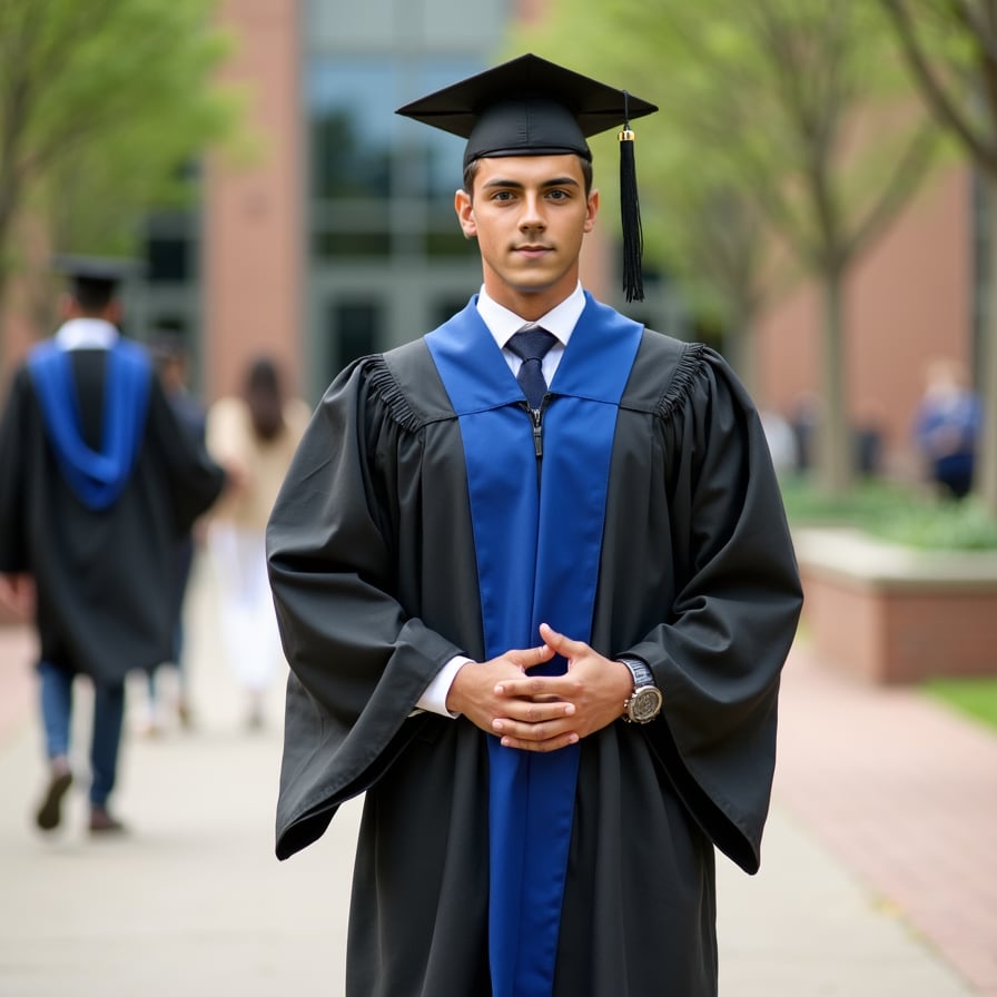Graduate man in regalia, capturing gratitude and achievement.