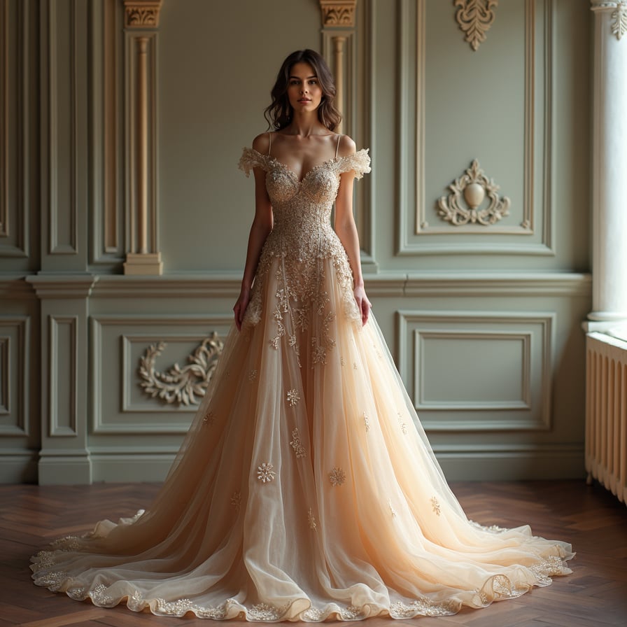 Royalty Inspired: The model is dressed in regal attire, such as a majestic gown or a sophisticated suit, with intricate accessories. She poses in a grand, historical setting, like a palace or a stately home, embodying the elegance and poise of royalty.