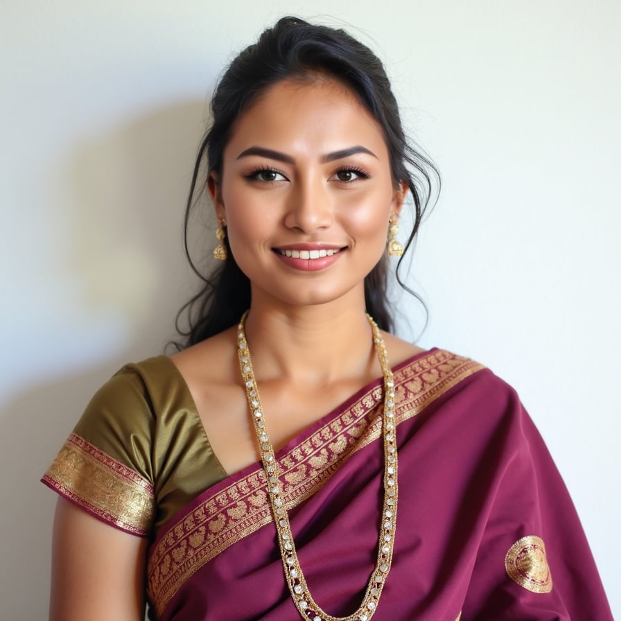 A passport-size photo of a person wearing traditional Indian attire, such as a saree or kurta, with neat and formal styling. The background is plain white, with even lighting. The individual is centered, maintaining a neutral expression, looking directly at the camera