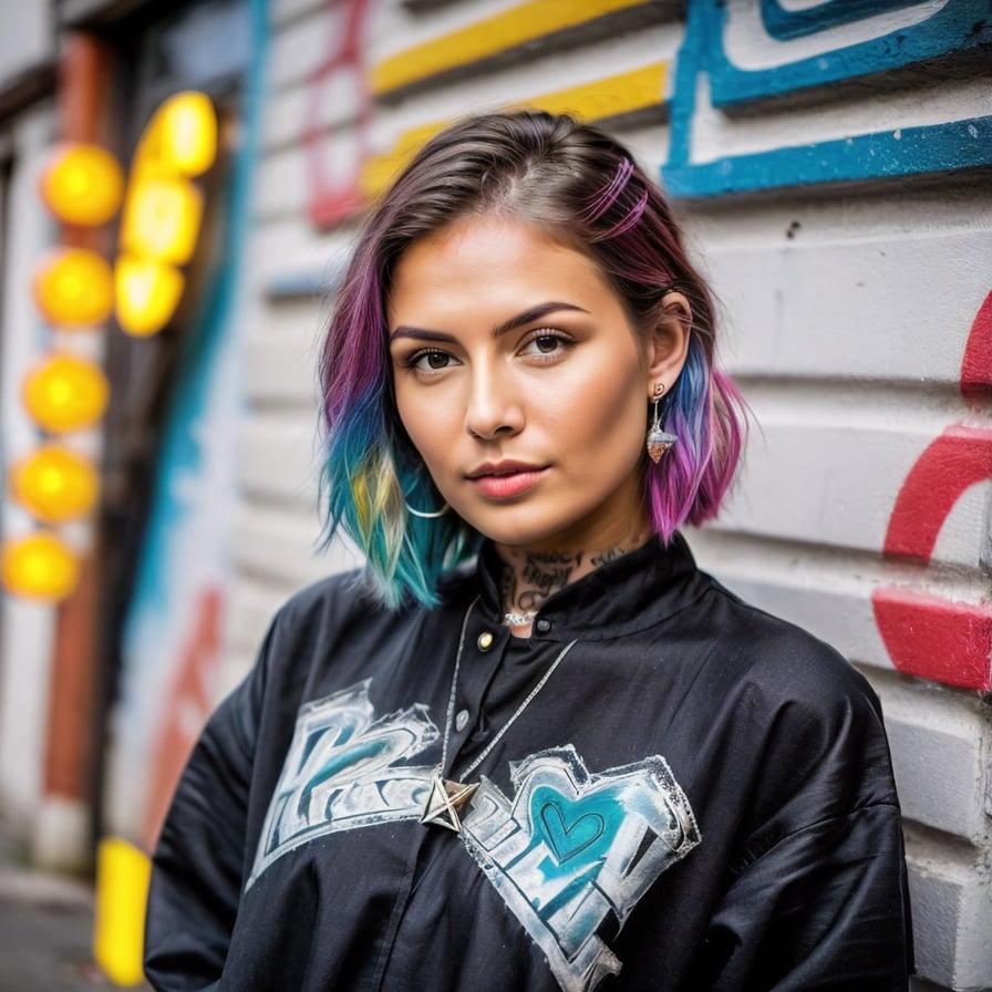 Punk style woman, graffiti alley, intricate details, noir vibe.