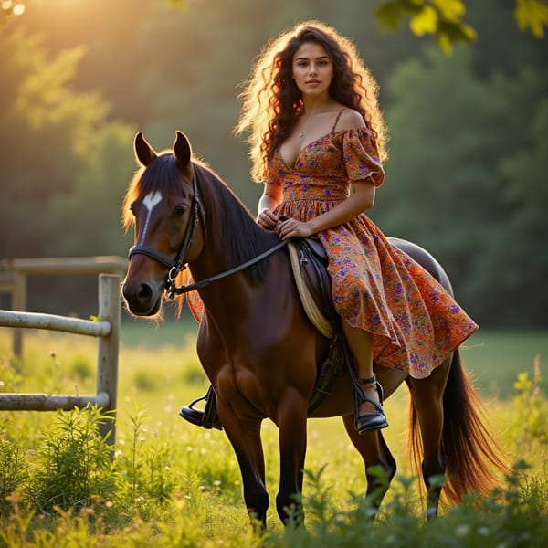 woman in elegant riding attire, long curly hair flowing in the wind, sitting confidently on a majestic horse, set against a serene countryside or rustic farm background with warm sunlight filtering through the trees.