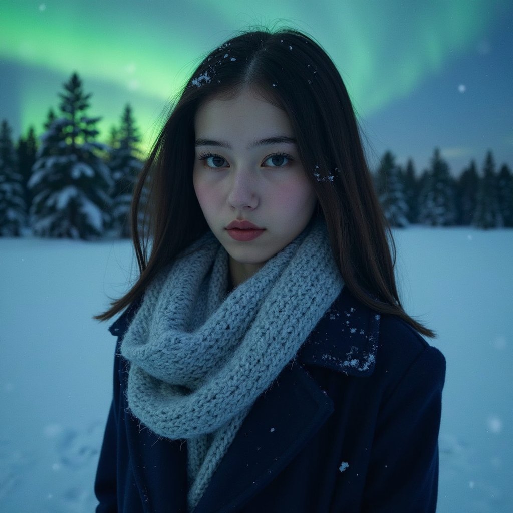 A highly realistic, highly detailed, HDR waist-up cinematic winter portrait of a woman standing in a snowy clearing under a glowing green-blue aurora. Camera angle: slightly low for subtle drama. She wears a navy long coat and a light-gray chunky knit scarf. Her dark hair is styled in loose waves with tiny snowflakes on the strands. Lighting combines cold moonlight and aurora glow, creating dramatic, photorealistic contrast on her face. Background: softly blurred pine silhouettes, falling snow, clean composition.