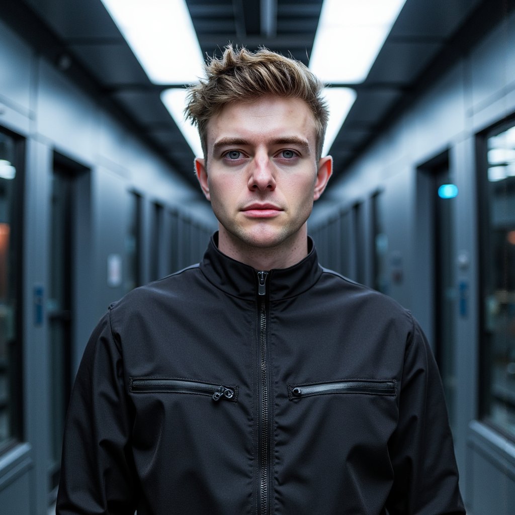 A cinematic futuristic portrait of a man (early 30s) standing still in a minimalist sci-fi corridor, waist-up framing, camera at eye level, symmetrical composition without motion. Hair: short cropped hair, clean edges. Face: realistic skin texture, subtle shine on forehead, calm expression with analytical gaze slightly above lens. Wardrobe: structured matte black tactical jacket, clean seams, subtle fabric grain, high collar framing jawline. Lighting: cool white overhead strip lights creating soft top-down highlights, faint blue rim light from corridor edges, no harsh shadows. Background: clean geometric corridor lines fading into depth, softly blurred, zero clutter. Camera: 50mm lens, f/2.4, sharp subject isolation, cinematic clarity. Highly detailed, highly realistic, HDR quality, cinematic sci-fi realism, minimal background clutter.