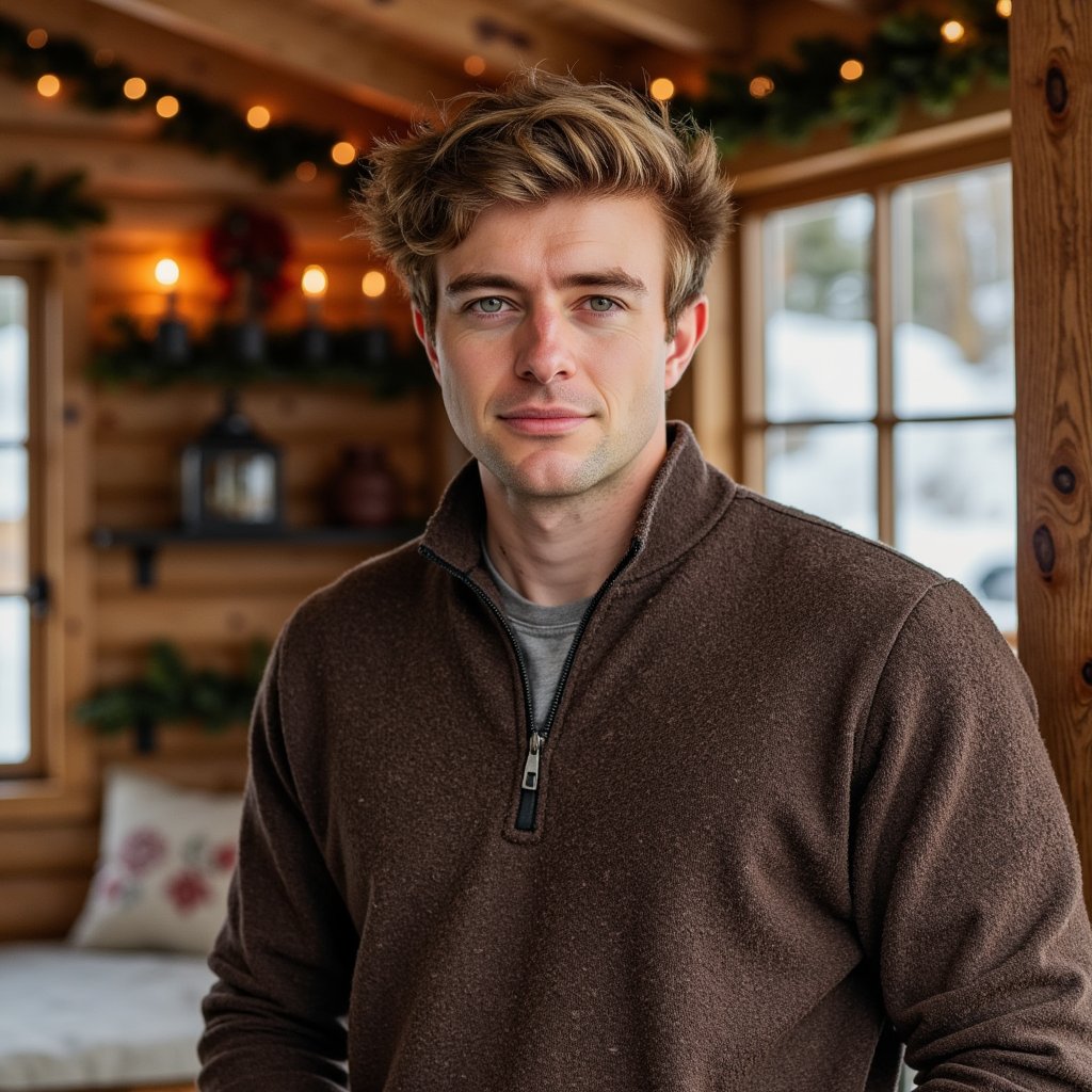 Waist-up portrait of a man inside a wooden cabin decked with subtle Christmas décor. He leans lightly against a wooden beam, hands relaxed at his sides, calm stillness. He wears a dark brown lambswool quarter-zip sweater with visible fiber fuzz, zipper glinting softly.
Hair: messy textured waves; short beard.
Lighting: warm cabin lantern light from camera-left, with a cooler outdoor window glow from behind for contrast.
Background: blurred cabin shelves with pine garland and a couple of minimal ornaments; clean, uncluttered, warm tones.
Camera: 70mm f/2, slight upward angle to add cabin grandeur; highly detailed, highly realistic, HDR showcasing wool texture and wood grain.
