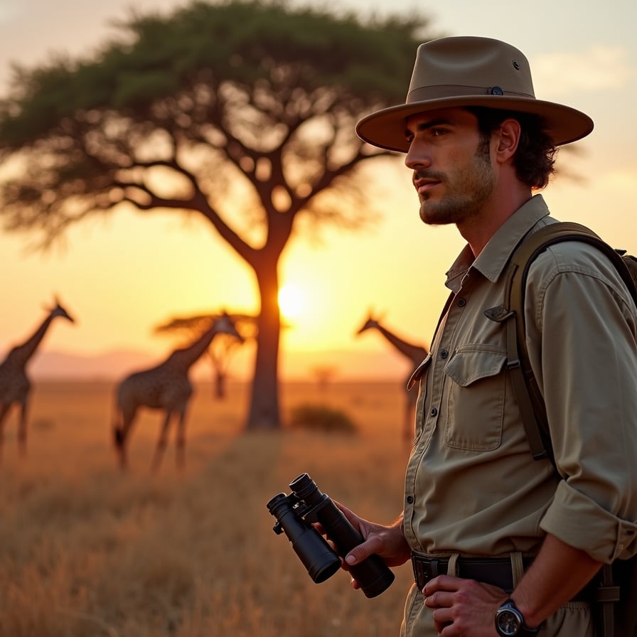 man wearing rugged safari outfit, khaki clothes, and a pith helmet, holding a pair of binoculars, standing in front of a majestic African savannah landscape at sunset with acacia trees and giraffes grazing in the distance, warm golden light casting a glow on the scene.