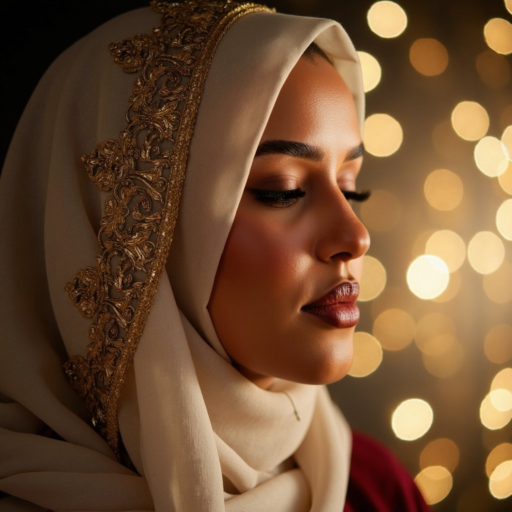 Close-up headshot of a woman in an elegant hijab with gold embroidery, eyes closed in reflection, soft background lights resembling Mawlid night ambiance