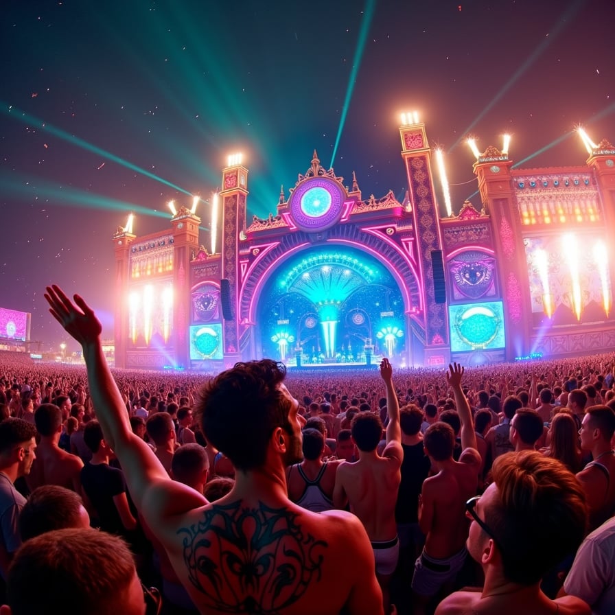 Massive crowd at a nighttime music festival, illuminated by colorful, intricate light displays and lasers. The crowd is dancing with hands up, surrounded by an enormous stage with giant LED screens and holographic visuals. Fireworks and confetti fill the sky, adding to the excitement and festival vibe. The stage features fantastical, futuristic architecture with neon colors and metallic details.