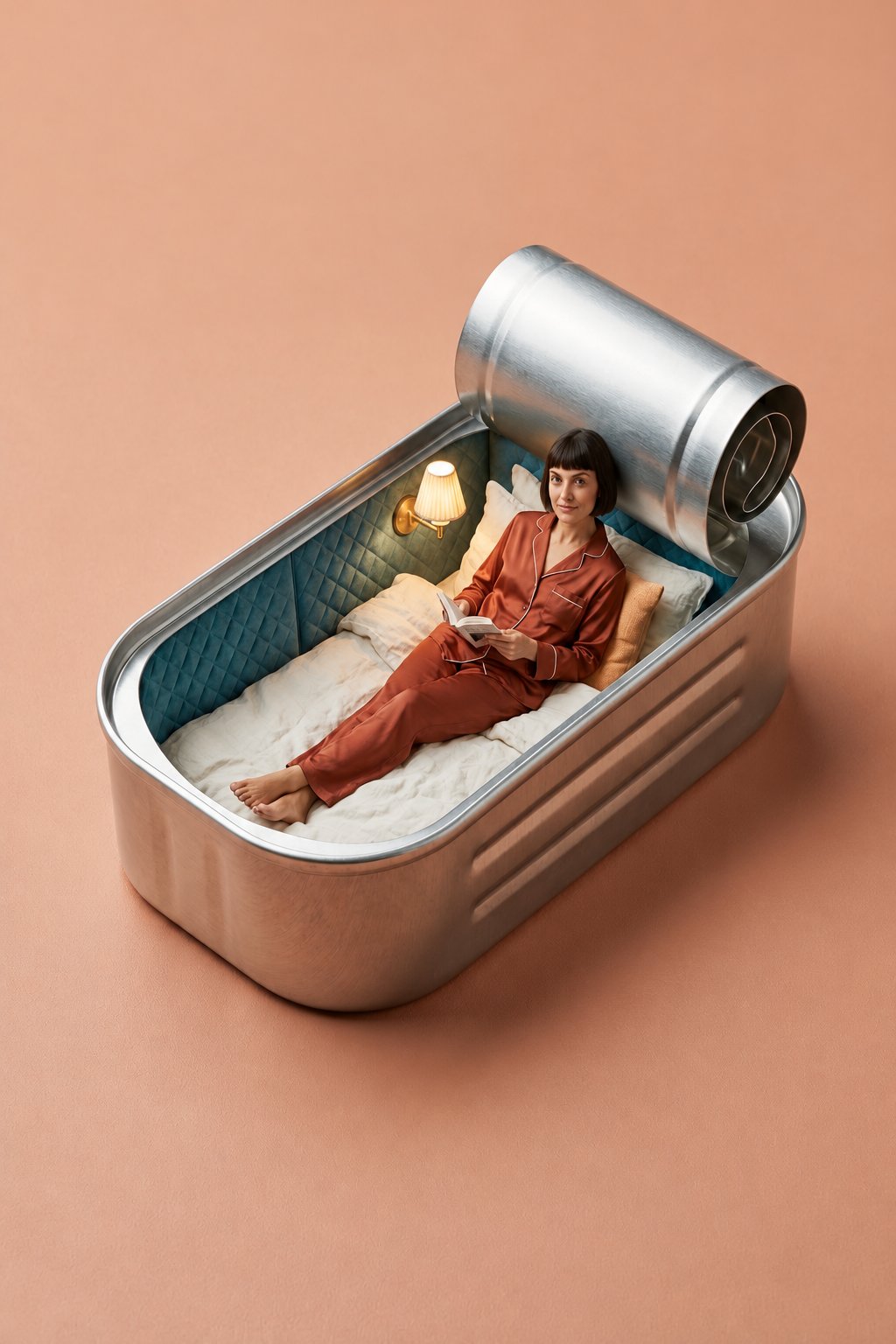 A miniature sleeper suite built inside the opened tin, with the woman reclining against the
cushion