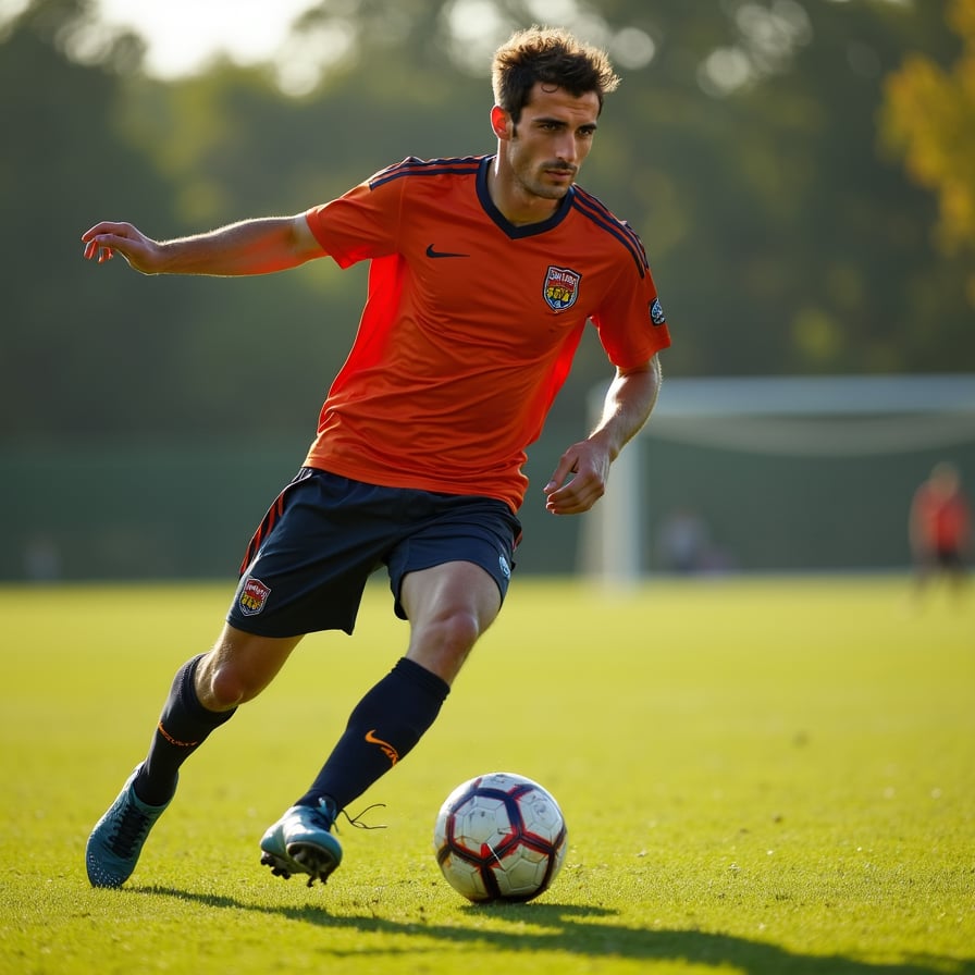 Athletic man in action, soccer jersey, green field, sunlight.