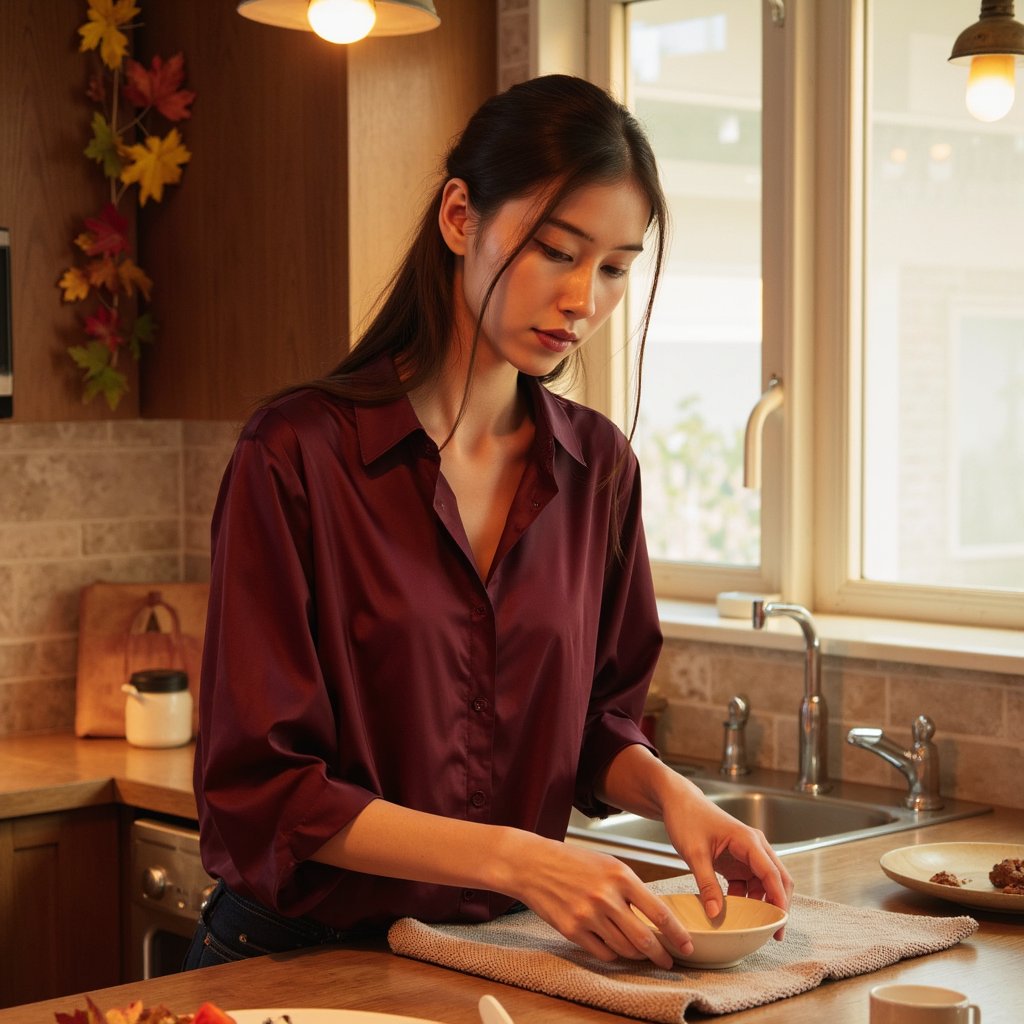 Highly detailed, highly realistic, hyperrealistic HDR image of a woman (female, ~30 yrs) captured waist-up in a softly lit kitchen. She is leaning slightly forward, gently setting a ceramic dish on the counter. She wears a deep burgundy blouse with soft pleats, subtle sheen of satin visible under warm ambient light. Her hair is tied neatly in a mid-height ponytail; a few wisps frame her cheeks. Lighting warm and diffused — mixture of overhead amber tones and soft daylight from a side window. Focus on her profile and hands, shallow depth of field blurs the background — faintly visible autumn garland and a folded linen cloth. Realistic reflections on porcelain, microtextures of fabric and skin visible. HDR, high resolution, high quality, highly detailed, photorealistic.