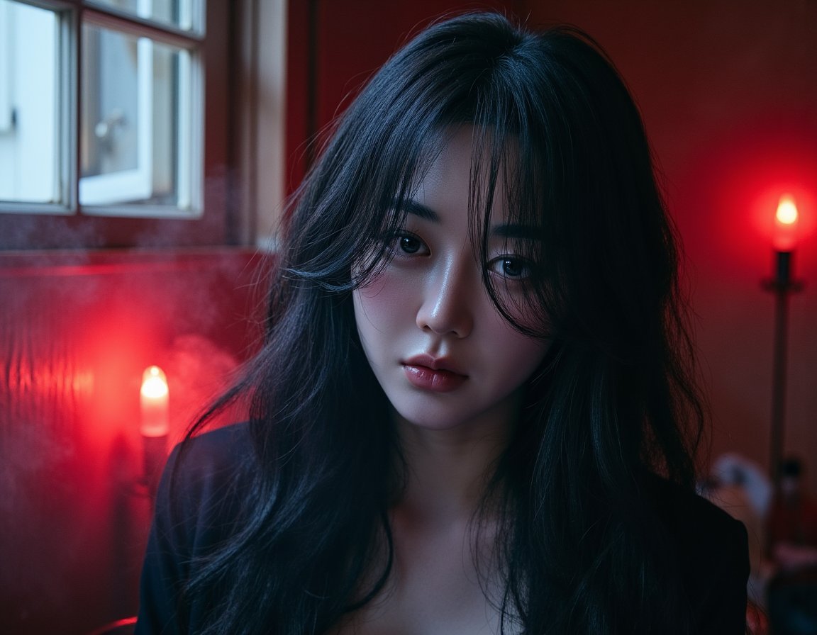 highly detailed cinematic portrait of a woman half-lit by red glow behind cracked window, fog swirling around her, realistic facial texture, melancholic expression, HDR detail, moody and minimal composition