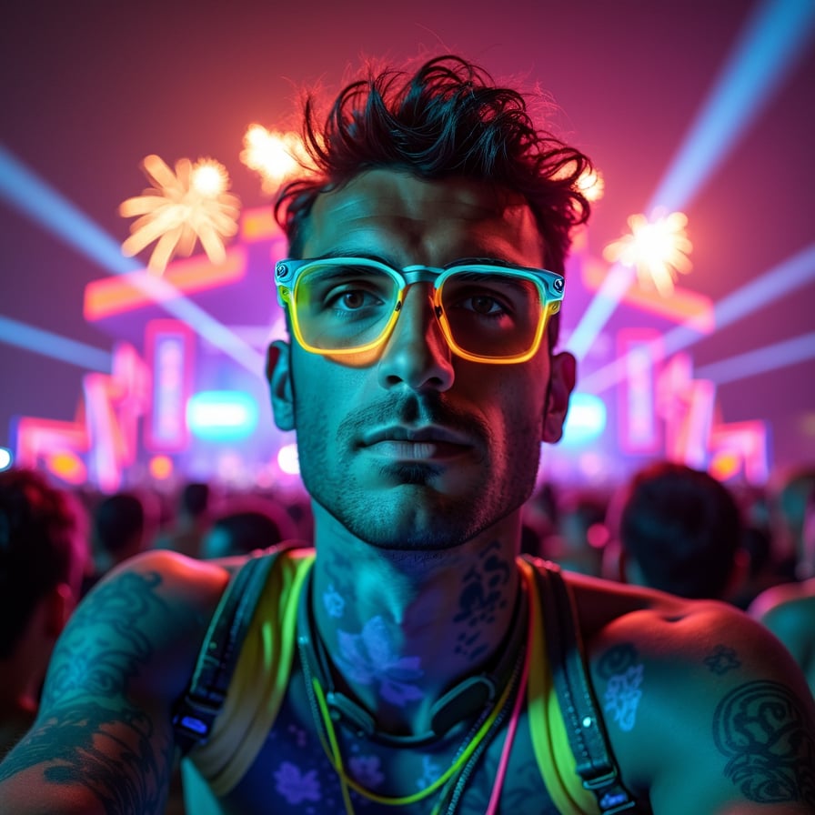 A young man facing the camera at a vibrant music festival, smiling with excitement. He wears neon festival attire, including glowing accessories and futuristic sunglasses, with a colorful crowd and massive, LED-lit stage behind him. Laser beams and fireworks light up the night sky, creating an atmosphere of energy and celebration