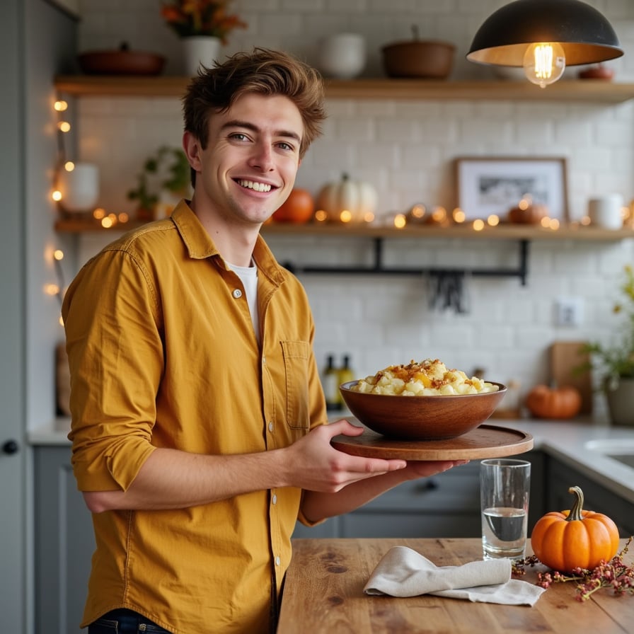 Highly realistic, highly detailed HDR image of a young Asian man (male, ~32 yrs) standing at a home kitchen island, waist-up, camera at slight side angle (~30°) from his left. He is wearing a mustard-yellow button-down flannel shirt with rolled-up sleeves and dark jeans (just barely visible), sleeves pushed up to forearms; his hair is dark brown, short on sides, slightly tousled top. Kitchen lighting: warm overhead pendant lights plus ambient daylight from a window behind the camera; soft highlights on his face and shirt. He is holding a carved-wood serving tray filled with mashed-potatoes-and-gravy bowl, slightly tilting forward as though offering it to someone. Facial detail: bright smile, teeth visible, light stubble, natural skin texture, warm brown eyes. Background: shallow depth of field blurs kitchen cabinets, a decorative pumpkin and autumn garland on the countertop behind; minimal clutter — a single glass of water and a linen napkin. Shirt fabric texture visible: flannel weave, rolled sleeves show wear. The image conveys friendly host, inviting Thanksgiving warmth.