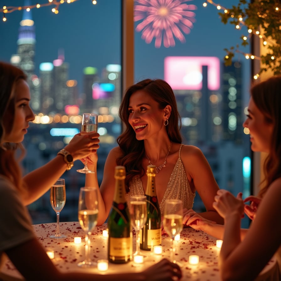 A woman sits at a beautifully lit table surrounded by friends, raising a toast to new beginnings. Her expression is one of excitement and optimism, her glittering dress catching the light of the room filled with fairy lights and festive decorations
