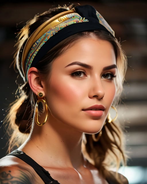 Pirate woman, wild, detailed tattoos, rugged attire, photorealistic.