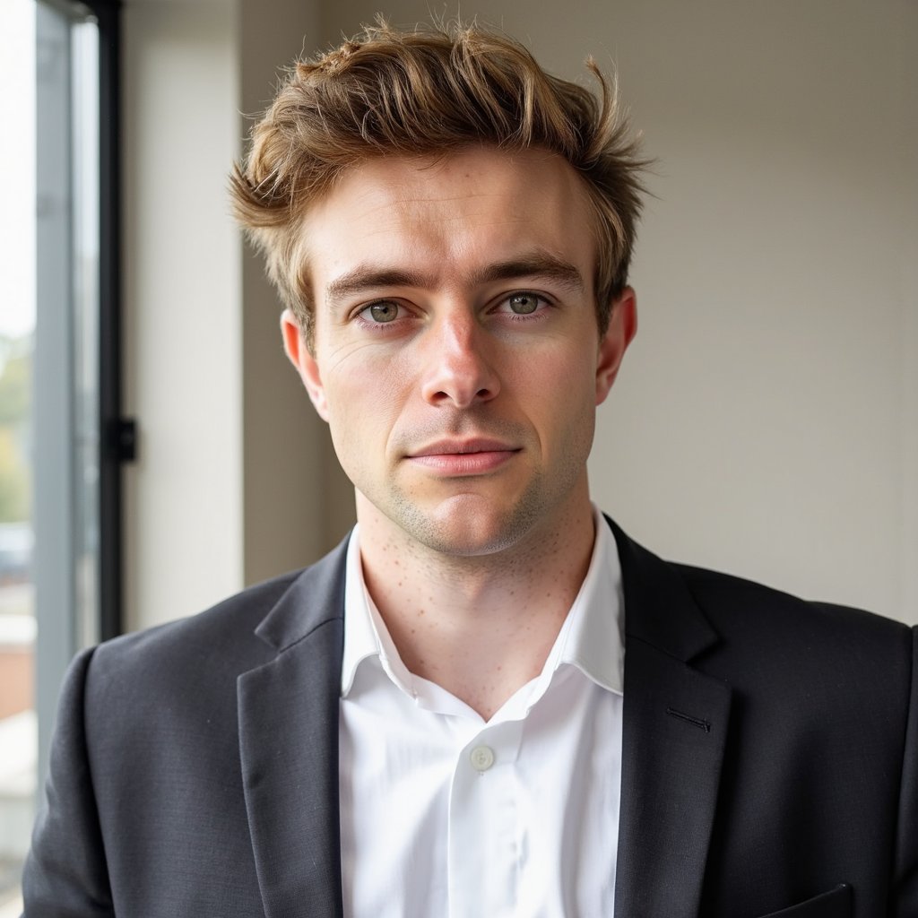 A highly detailed passport photo of a man in his early 30s, captured with natural light. He has short brown hair, neatly styled, and a light stubble on his chin. He is wearing a button-down white shirt, with the collar slightly raised. The background is a soft, muted beige with a slight blur to keep it clean and professional. The lighting is soft, with natural daylight coming from the left, illuminating his face, creating a soft, natural glow on his skin. The camera angle is straight on, slightly above eye level, with the subject looking directly into the camera with a neutral expression. The fabric of his shirt is crisp and highly detailed, showing texture and folds. This shot is HDR to emphasize facial features and the texture of his attire, ensuring every detail is captured.