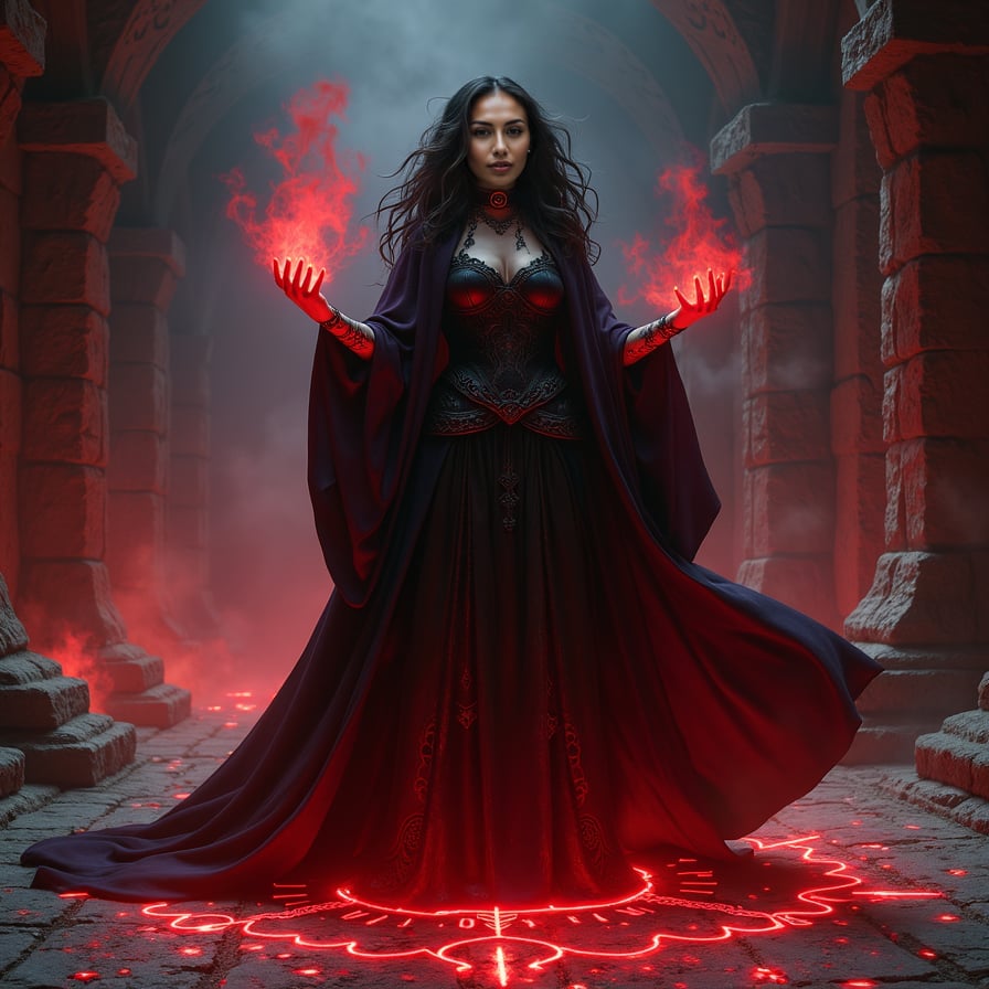 Show a powerful blood mage vampire casting a ritual in a dark underground chamber, illuminated only by the glow of red symbols carved into the stone floor. She has wild, dark hair, intricate tattoos covering her arms, and wears a cloak that looks like flowing blood. Her hands are raised, and magical red energy swirls around her, filling the air with an ominous glow. The chamber is ancient and cavernous, with walls covered in strange, forbidden symbols.