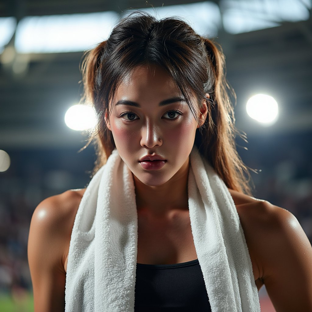 Headshot of a female sprinter post-race, breathing heavily with towel around neck, expression of fierce focus, subtle motion blur behind her
