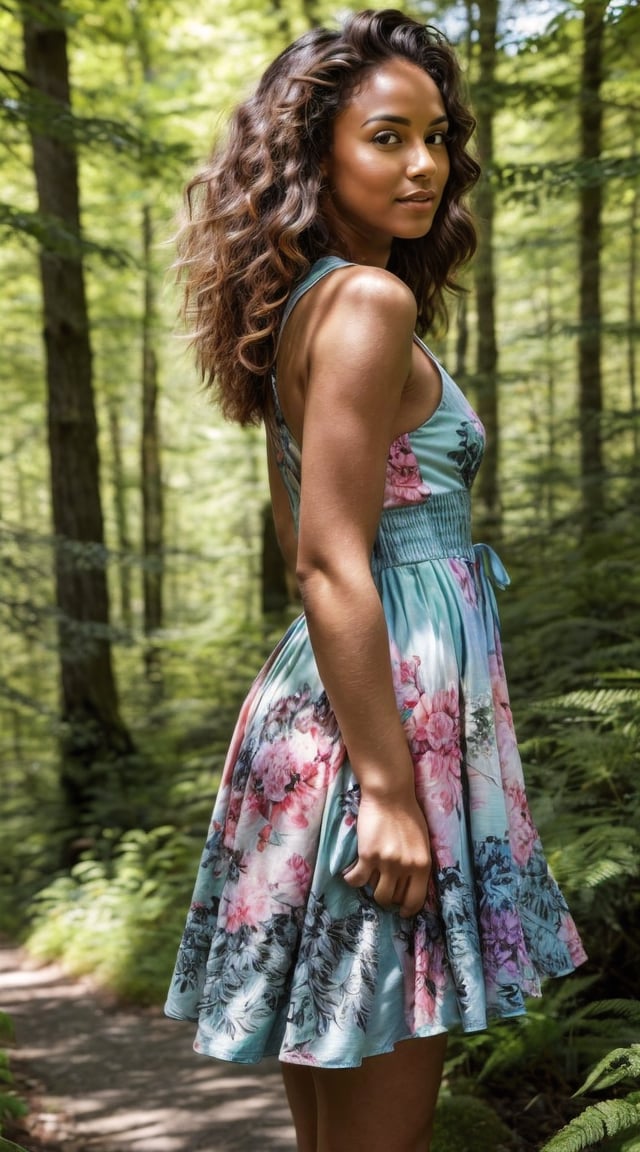 Energetic tropical adventurer, rainforest backdrop, lush greenery, and waterfalls.