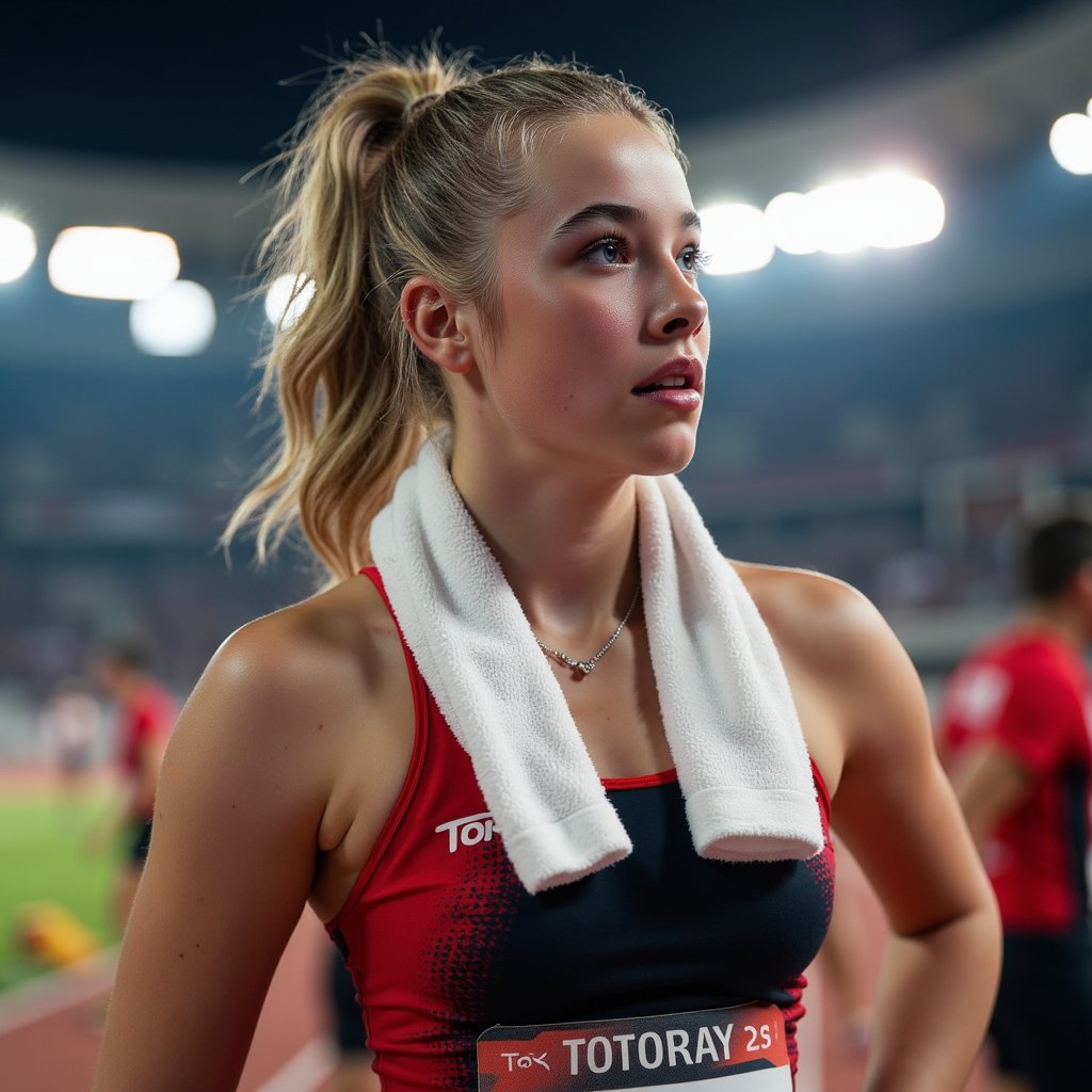 Headshot of a female sprinter post-race, breathing heavily with towel around neck, expression of fierce focus, subtle motion blur behind her