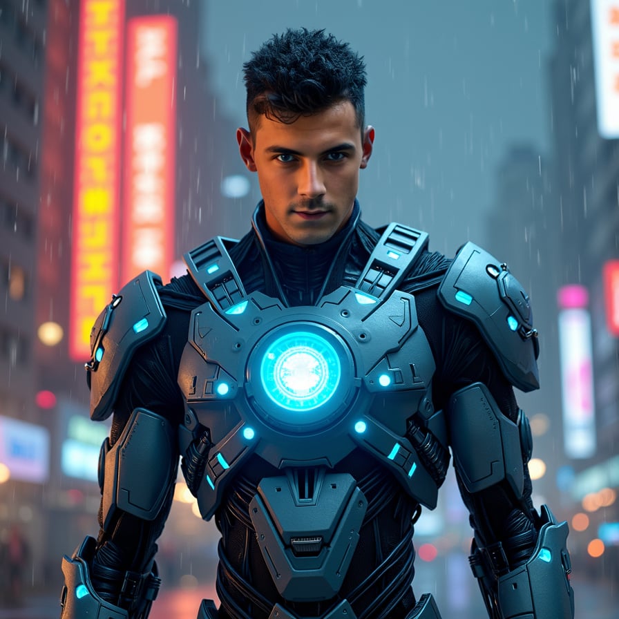 man in a futuristic, metallic cyborg suit with glowing neon blue lights and intricate circuits, armored body with visible wires and high-tech gadgets under transparent panels, intense gaze, striking pose, against a dark, rainy cityscape with towering neon-lit skyscrapers and dense, foggy atmosphere.