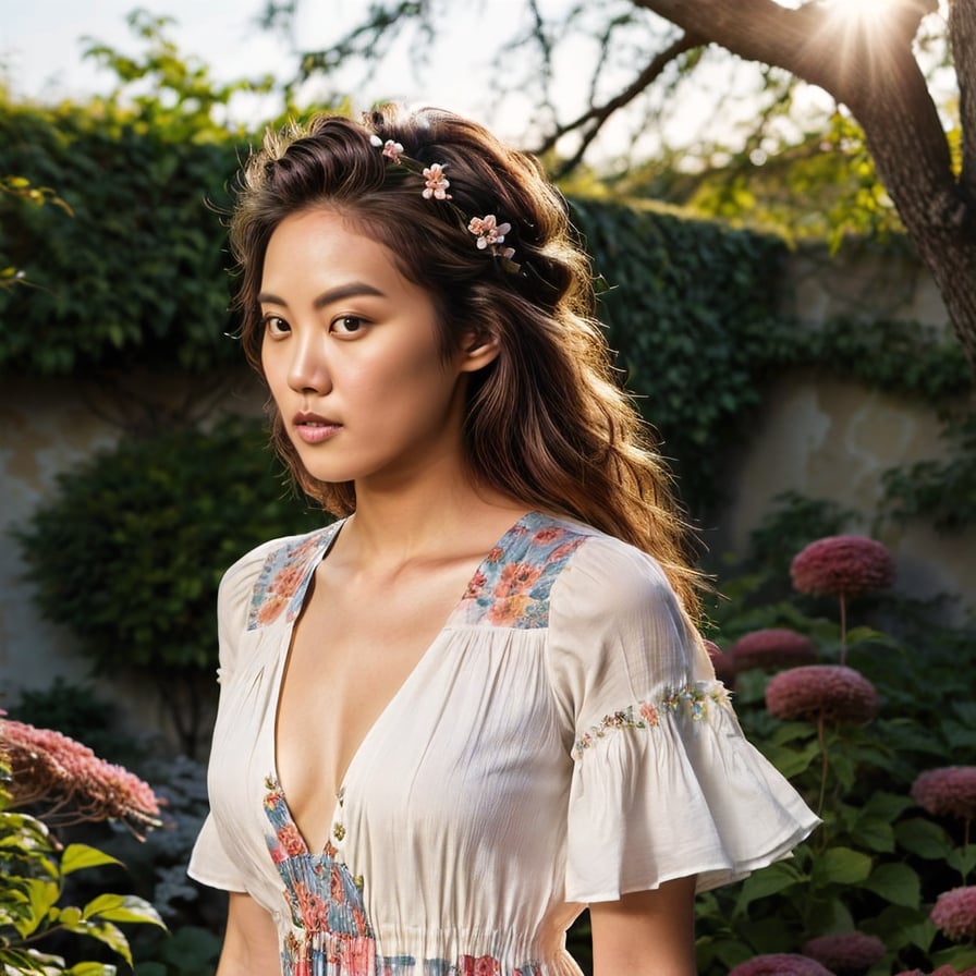 beautiful girl with flowers in her hair, adorned in a flowy, bohemian dress, under soft, warm sunlight in a lush garden background.