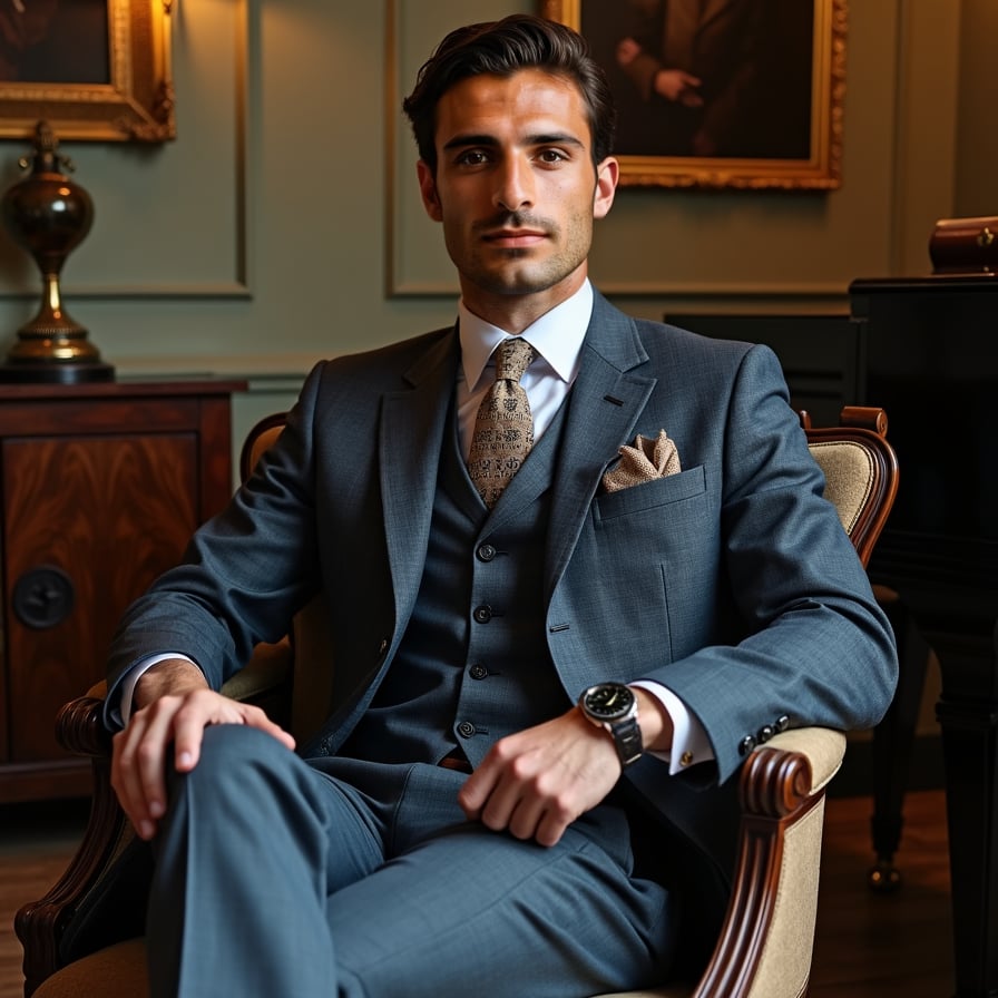 man in bespoke three-piece suit with subtle pattern, crisp dress shirt, and classic tie, seated in refined setting with antique decor, leather-bound books, or grand piano, soft warm lighting, vintage watch, leather bag, exuding timeless elegance and understated luxury