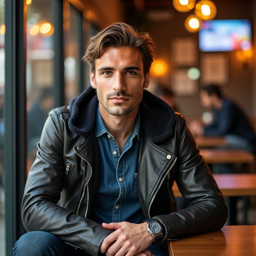 man in a relaxed social setting, such as sitting on a bench or leaning against a railing. He has a confident smile or a thoughtful expression, dressed in trendy casual wear like a leather jacket or denim shirt. The lighting adds warmth and highlights his natural appeal