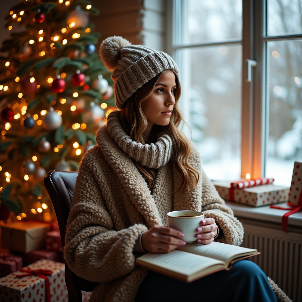 woman in cozy winter attire, sitting in a comfortable reading nook with soft lighting, surrounded by festive Christmas decorations and a crackling fireplace, lost in thought with a reflective expression, holding a cup of hot chocolate and a journal, with a blurred background of a snowy winter wonderland outside the window, symbolizing the quiet contemplation and introspection of the holiday season.