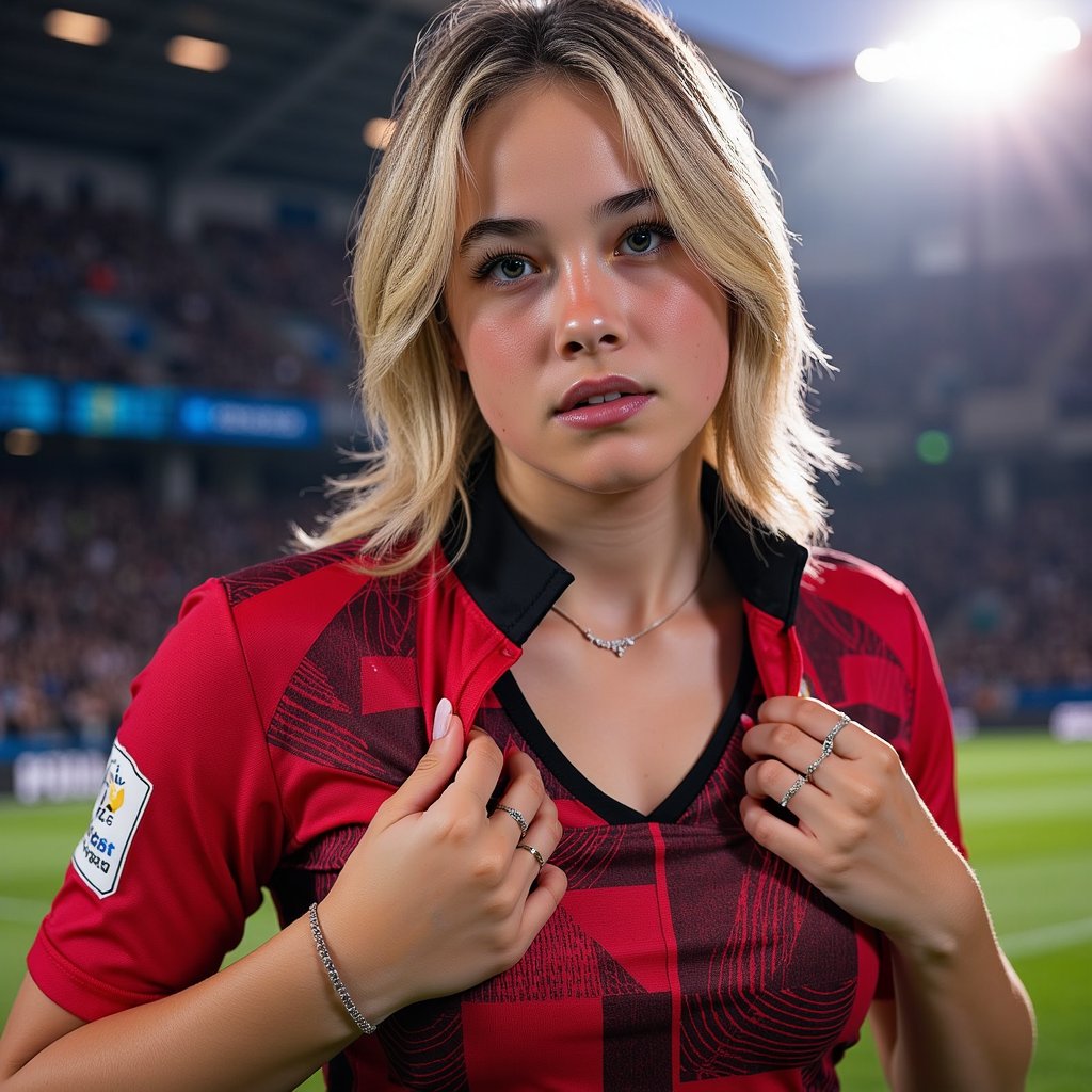 Knee-up portrait of a digital footballer gripping their jersey at the chest, intense stare into camera, dramatic stadium lighting, EA SPORTS FC 26 game cover style