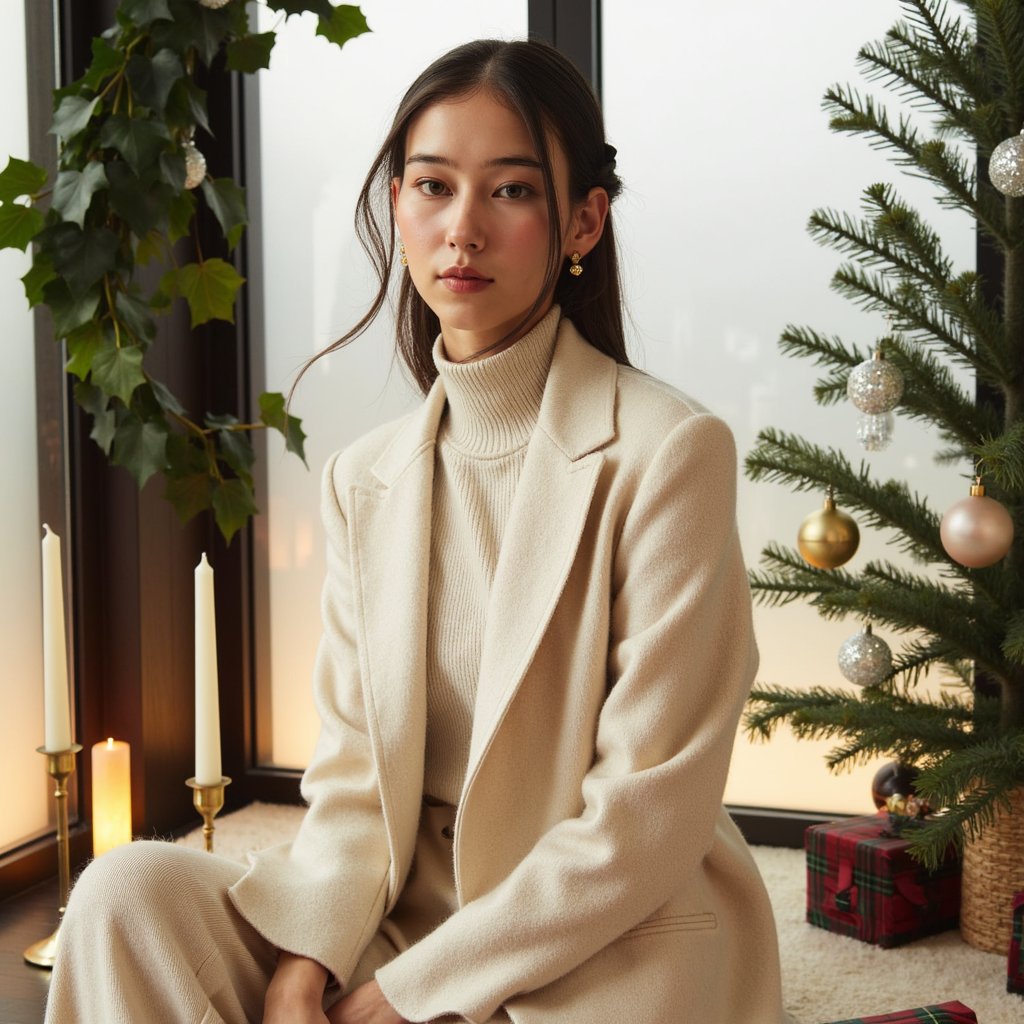 A woman seated beside tall frosted glass windows framed by ivy garlands, bathed in gentle winter sunlight. Hairstyle: loose, natural waves tucked behind ears. Attire: cream cashmere sweater with a ribbed high collar; gold hoop earrings. Fabric details: cashmere fuzz detail, rib texture, subtle weave. Camera: eye-level, 85mm, f/1.8. Lighting: soft morning light key with faint back rim from window glow. Background: blurred greenery and pale sky through glass; minimal clutter, calm and airy. Pose: gazing down slightly, serene expression, hands out of frame.
Render: highly detailed, highly realistic, HDR; delicate hair flyaways, natural skin tone, tactile knit detail.