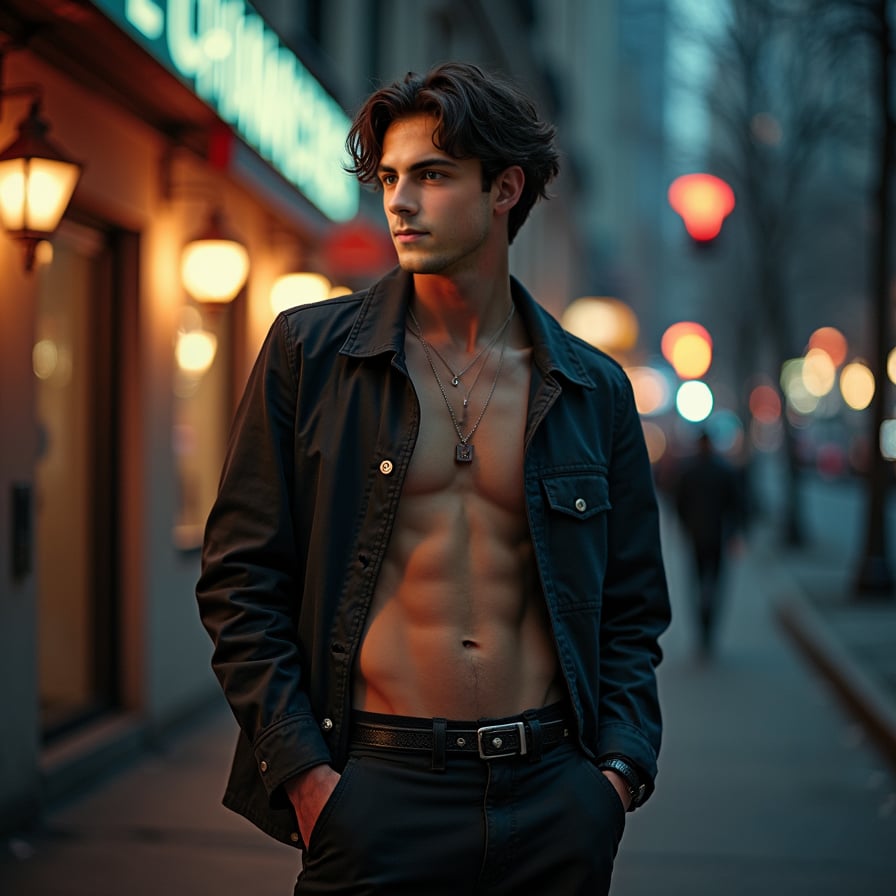 man that highlights his unique style and aesthetic. He is wearing a casual yet trendy outfit, with soft tones and dynamic lighting adding depth. The look should be expressive and appealing, reflecting individuality and approachability