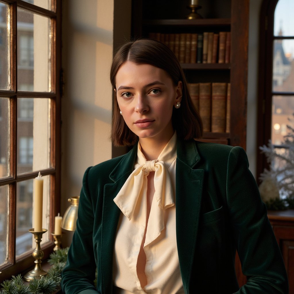A refined woman by a tall arched window, bathed in warm golden-hour sunlight; soft shadows contour her face. Hairstyle: side-parted, soft low curls tucked behind one ear. Attire: cream silk blouse with a high neck bow, deep forest-green velvet blazer. Fabric details: lustrous silk sheen, subtle velvet texture catching light at lapels. Camera: eye-level, 85mm, f/1.6 for smooth background blur. Lighting: warm sun rim through window glass + faint ambient fill from the room. Background: blurred library shelves with aged books, a small brass lamp, subtle festive garland; minimal elements. Pose: chin slightly lifted, relaxed confidence. Render: highly detailed, highly realistic, HDR; visible hair strands, fabric grain, skin pores.