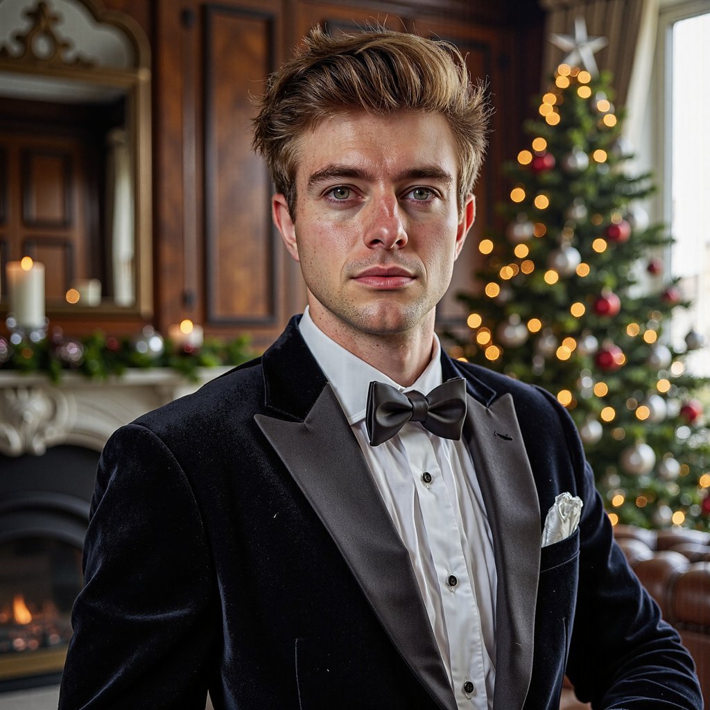 Close crop of a man in tuxedo (shawl-collar velvet dinner jacket, crisp pleated shirt, satin bow tie). Hairstyle: classic taper, slight quiff; clean shave. Fabric details: velvet nap, satin lapel reflection, micro-pleats. Camera: eye-level, 105mm macro-leaning portrait for extreme texture fidelity, f/2.0. Lighting: soft directional key (large softbox or window) + faint practical back glow from the tree for hairline separation. Background: blurred Christmas tree with crystal and glass ornaments, warm golden fairy lights; no extra props. Pose: chin slightly down, eyes centered, confident but soft gaze. Render: highly detailed, highly realistic, HDR; precise lapel edge and shirt pleat definition; natural skin pores.