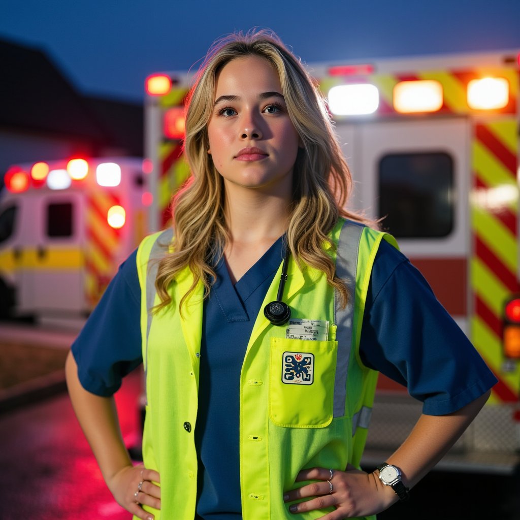 Highly detailed, highly realistic, HDR, 8k ER physician at ambulance bay at night; camera: 35mm, f/2.8, slight low angle; lighting: portable LED panel key + sodium-vapor rim; pose: hands on hips; attire: navy scrub set, high-visibility vest, ID badge; hair: short fade; facial detail: five-o’clock shadow with individual hair detail, visible skin texture under cool light, faint perspiration on upper lip, subtle vein pattern on temple, slightly narrowed eyes from wind; background: blurred ambulance lights bokeh, wet ground reflections.