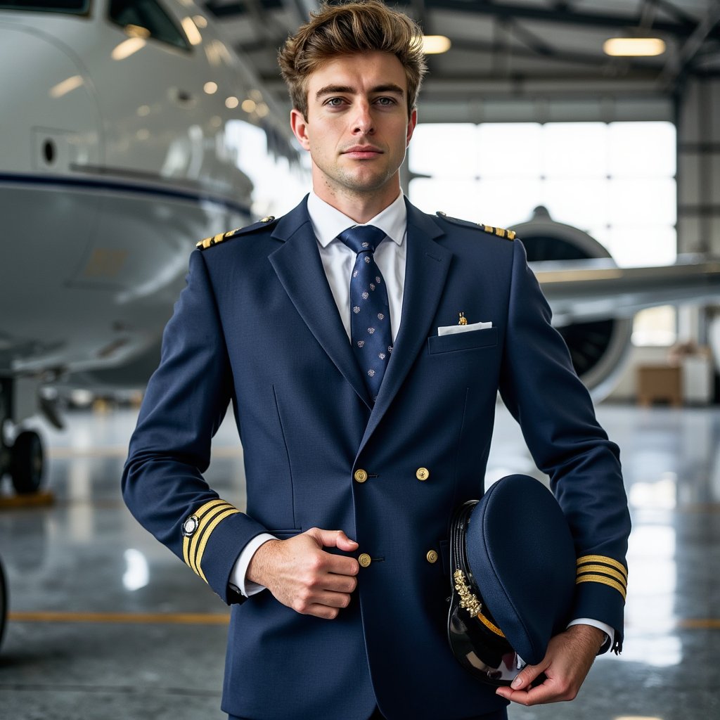Highly realistic HDR portrait of a man airline captain in navy uniform with gold-striped epaulettes and hat in hand; neatly combed hair. Camera: 35mm lens, f/3.5, ISO 400, three-quarter body shot, eye-level angle. Lighting: daylight streaming from hangar doors behind, subtle reflector fill on front; rim highlights along uniform edges, grounded shadows on floor. Pose: standing confidently near aircraft nose, hat held against thigh, serious professional gaze forward. Background: blurred aircraft fuselage and hangar interior, minimal clutter.