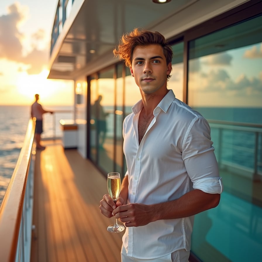 Fitness on Deck: The model is in activewear, engaged in a workout session on the ship’s sports deck or fitness center. he’s performing an exercise or stretching with the ocean in the background, showcasing a blend of fitness and luxury.